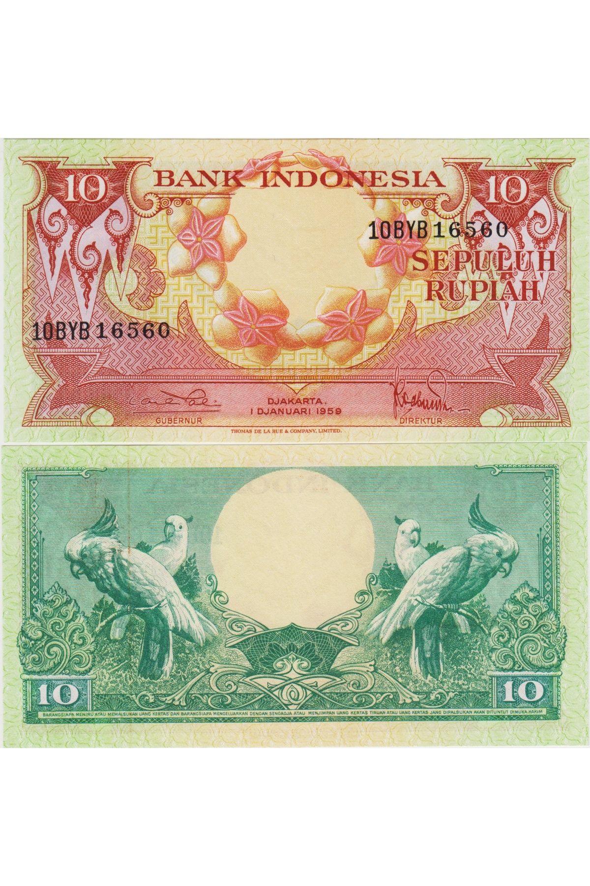 Banknoting ENDONEZYA 10 RUPİAH 1959 PAPAĞAN TEMALI. ÇİL KONDİSYON.