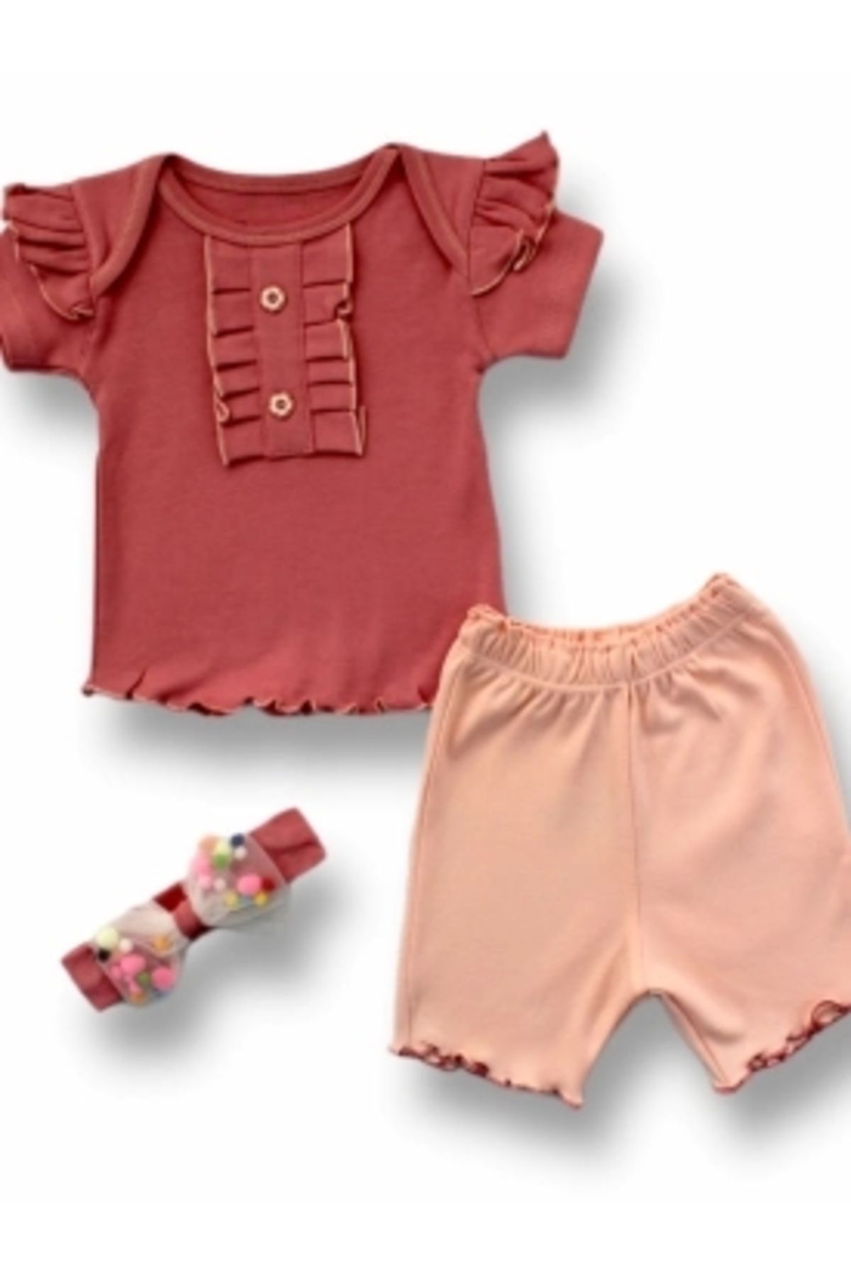 Diji Baby 3-6 6-9 9-12 12-18 Ay Düğme Detaylı Bandanalı Kısa Kollu Sweat 3lü Kız Bebek Takımı