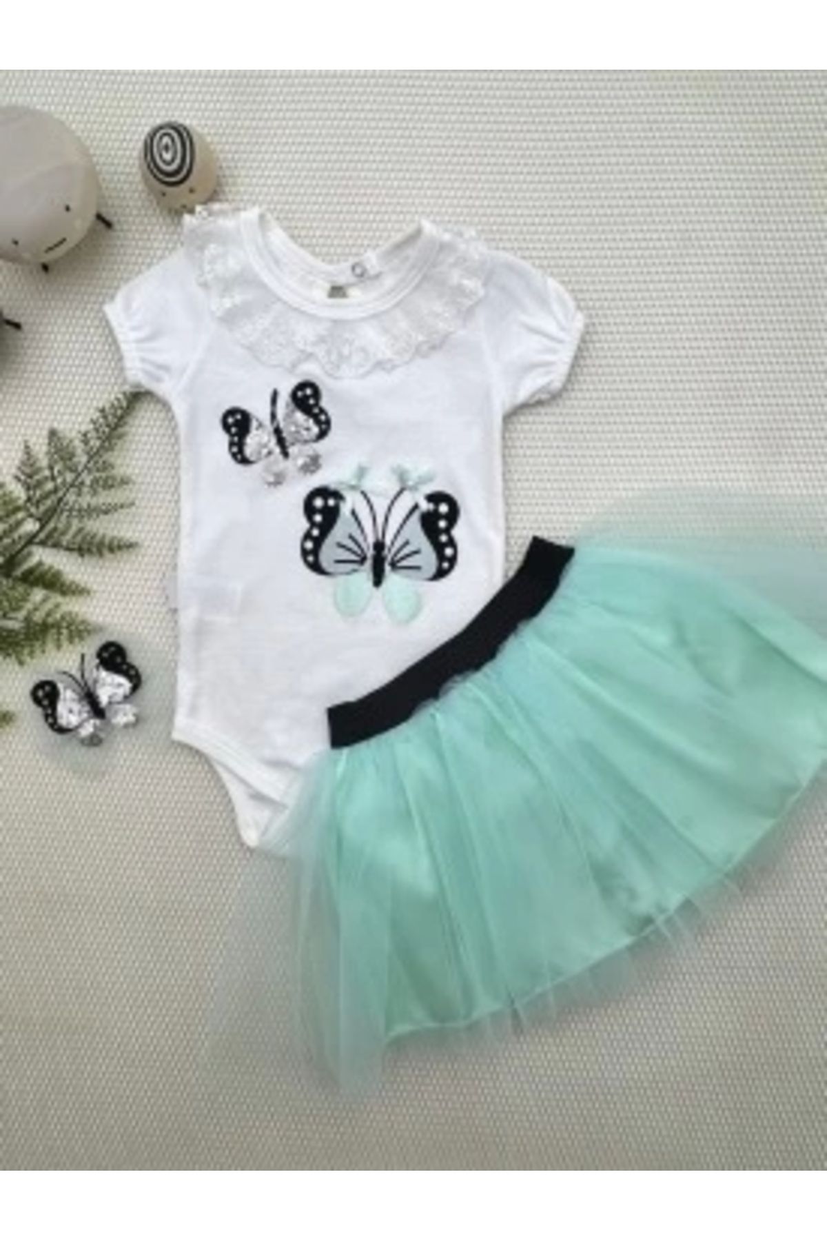 Diji Baby 9-12-18 Ay Payetli Kelebek Nakışlı Taçlı Kısa Kollu Tütü Etek 3lü Kız Bebek Takımı