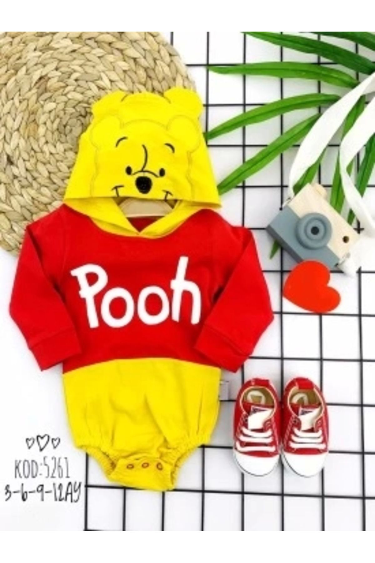 Diji Baby 3-6-9-12 Ay Kapşonlu Pooh Desenli Uzun Kollu Kız Erkek Bebek Bady &zıbın