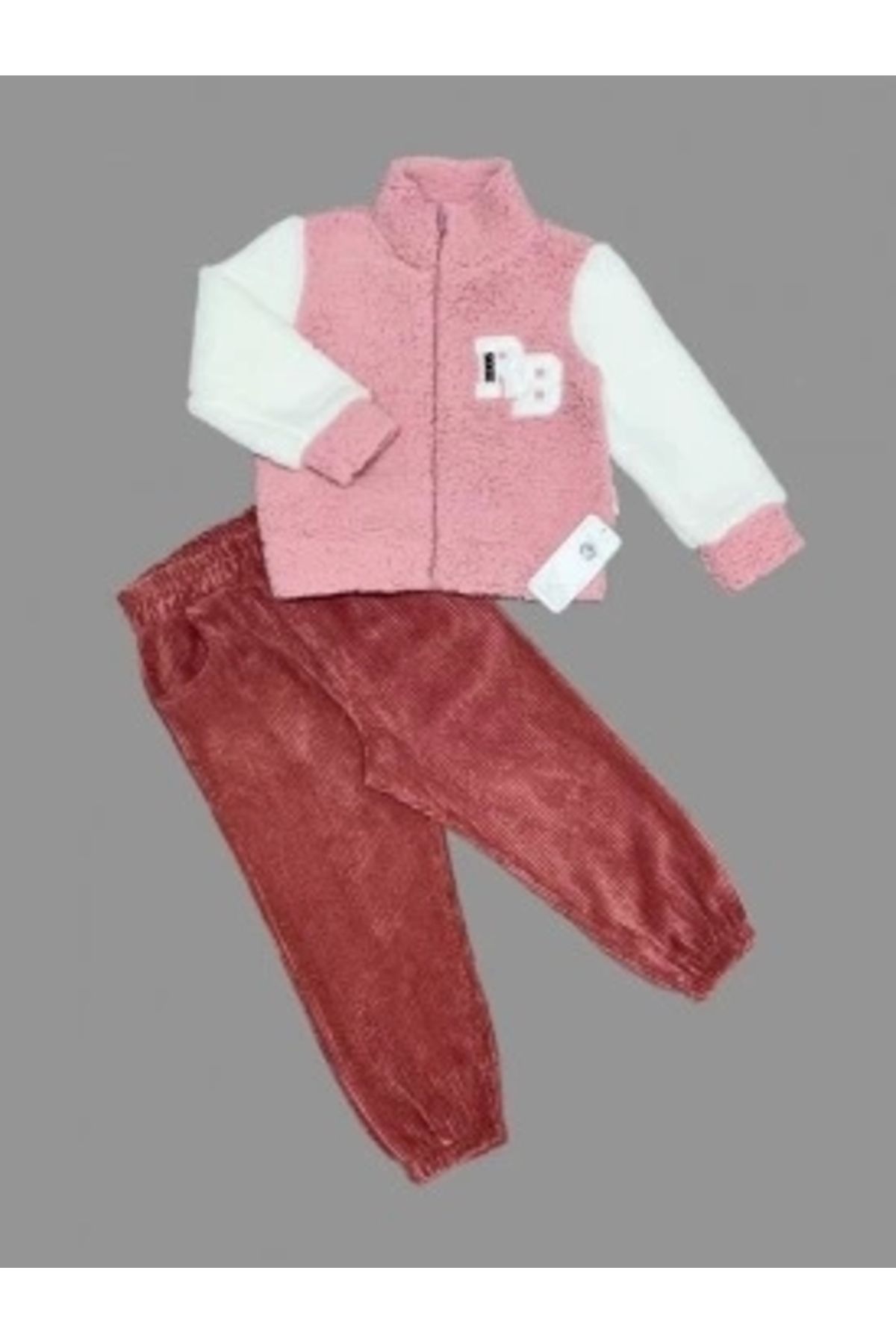 Diji Baby 1-2-3 Yaş Kuzu Kumaş Fermuarlı Sweat Kadife Pantolonlu Uzun Kollu Kız Erkek Çocuk 2li Takım