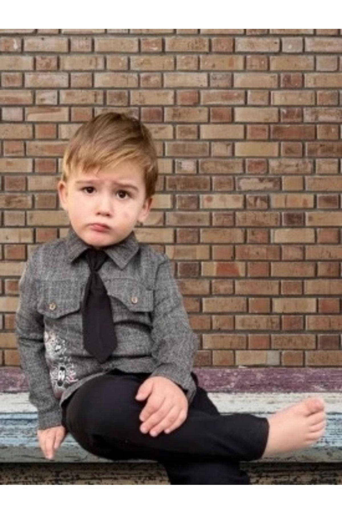 Diji Baby 3-4-5 Yaş Kravatlı Keten Gömlek Gabardin Pantolon Uzun Kollu 3lü Erkek Çocuk Takımı