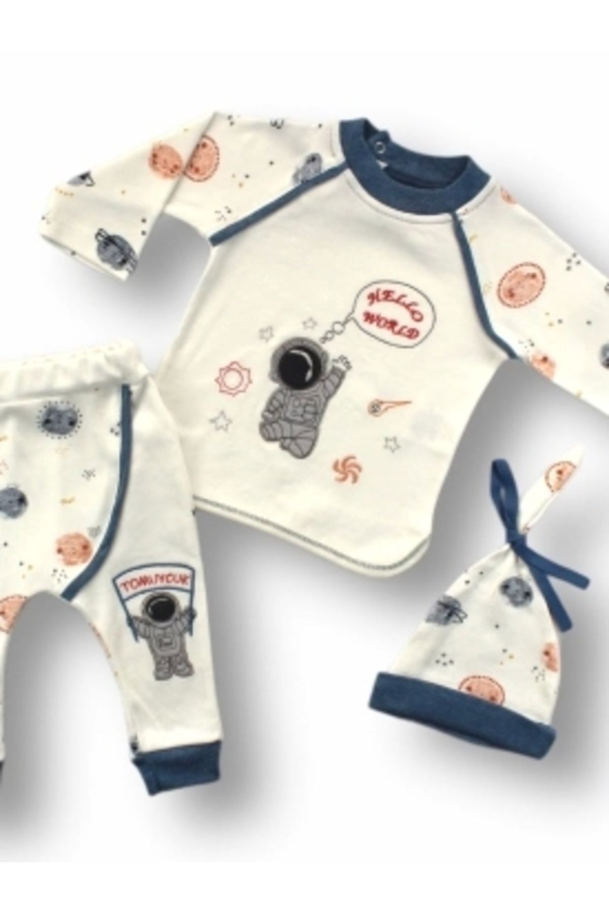 Diji Baby 3-6 6-9 9-12 Ay Şirin Kozmonot Nakışlı Şapkalı Uzun Kollu Sweatli 3lü Kız-erkek Bebek Takımı