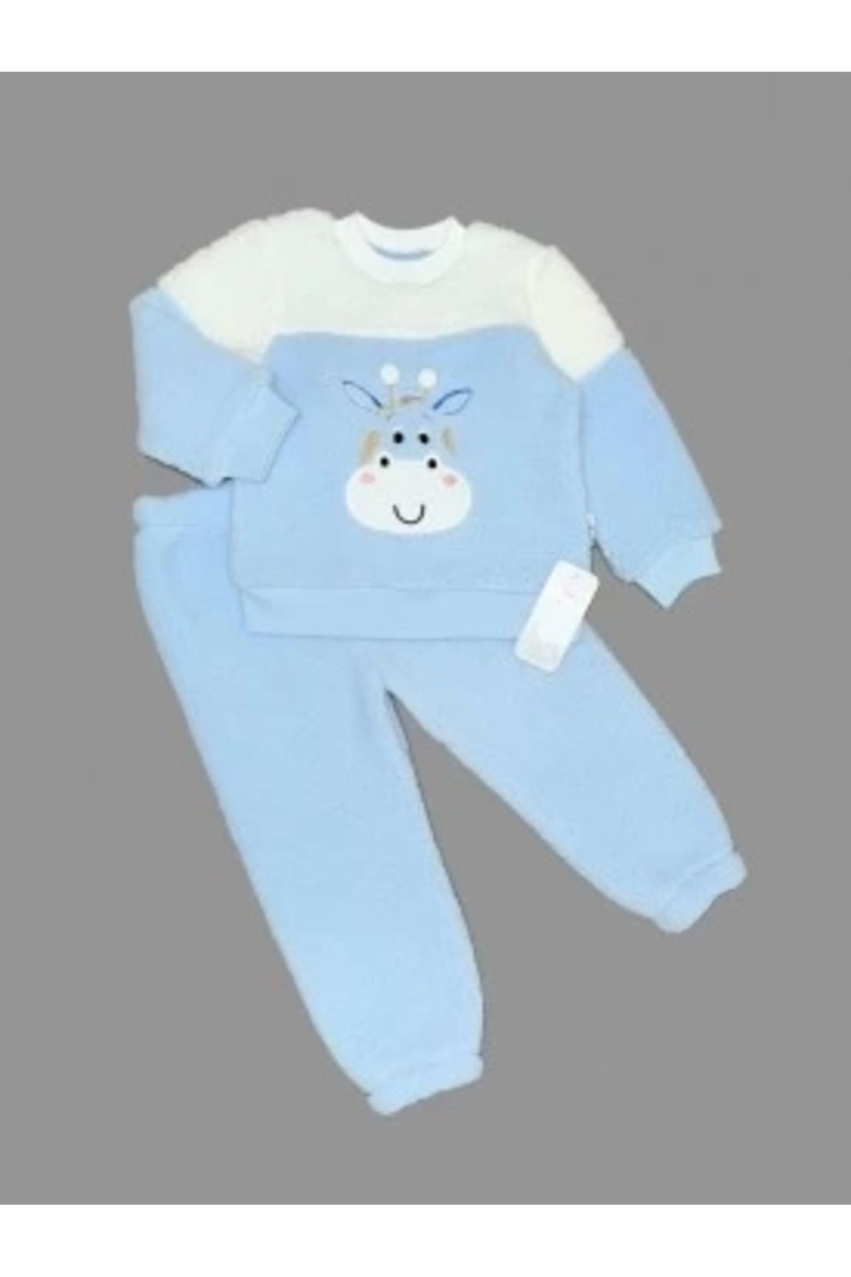 Diji Baby 1-2-3 Yaş Ponponlu Zürafa Desenli Kuzu Kumaş Uzun Kollu 2li Kız Erkek Çocuk Takımı