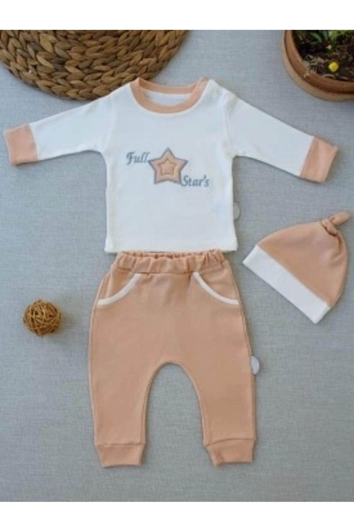 Diji Baby 3-6 6-9 9-12 Ay Full Star Nakışlı Şapkalı Uzun Kollu Sweat 3lü Erkek Bebek Takımı