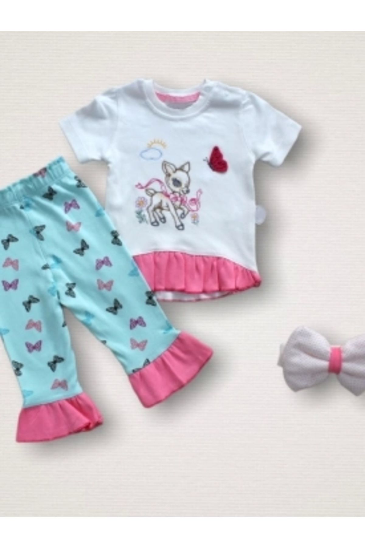 Diji Baby 6-9 9-12 12-18 Ay Ceylanın Rüyası Baskılı Bandanalı Kısa Kollu Sweat 3lü Kız Bebek Takımı