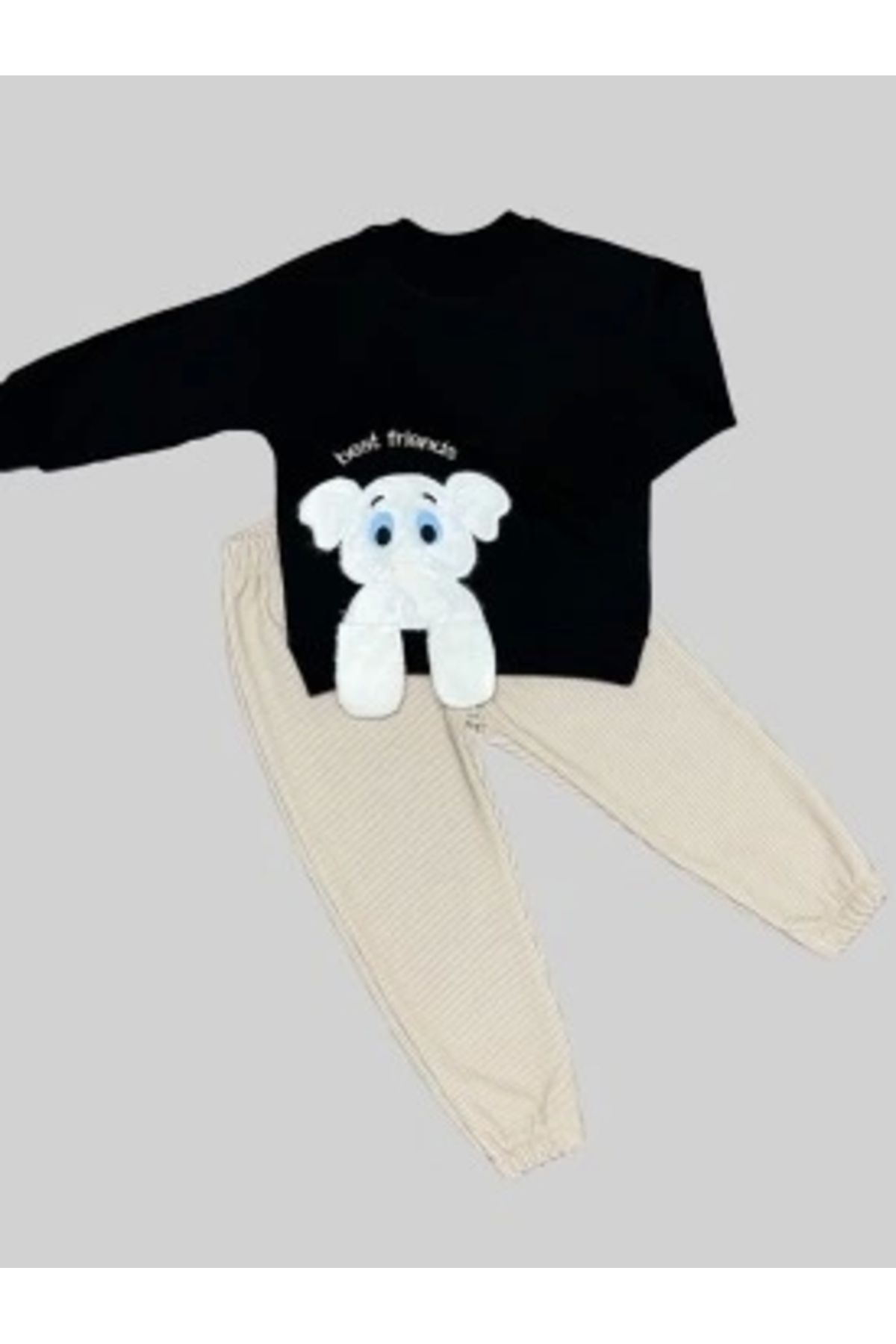 Diji Baby 1-2-3 Yaş Filli Sallanan Ayak Desenli Likra Penye Kumaş Sweat Pantolonlu Kız Erkek 2li Çocuk Takımı