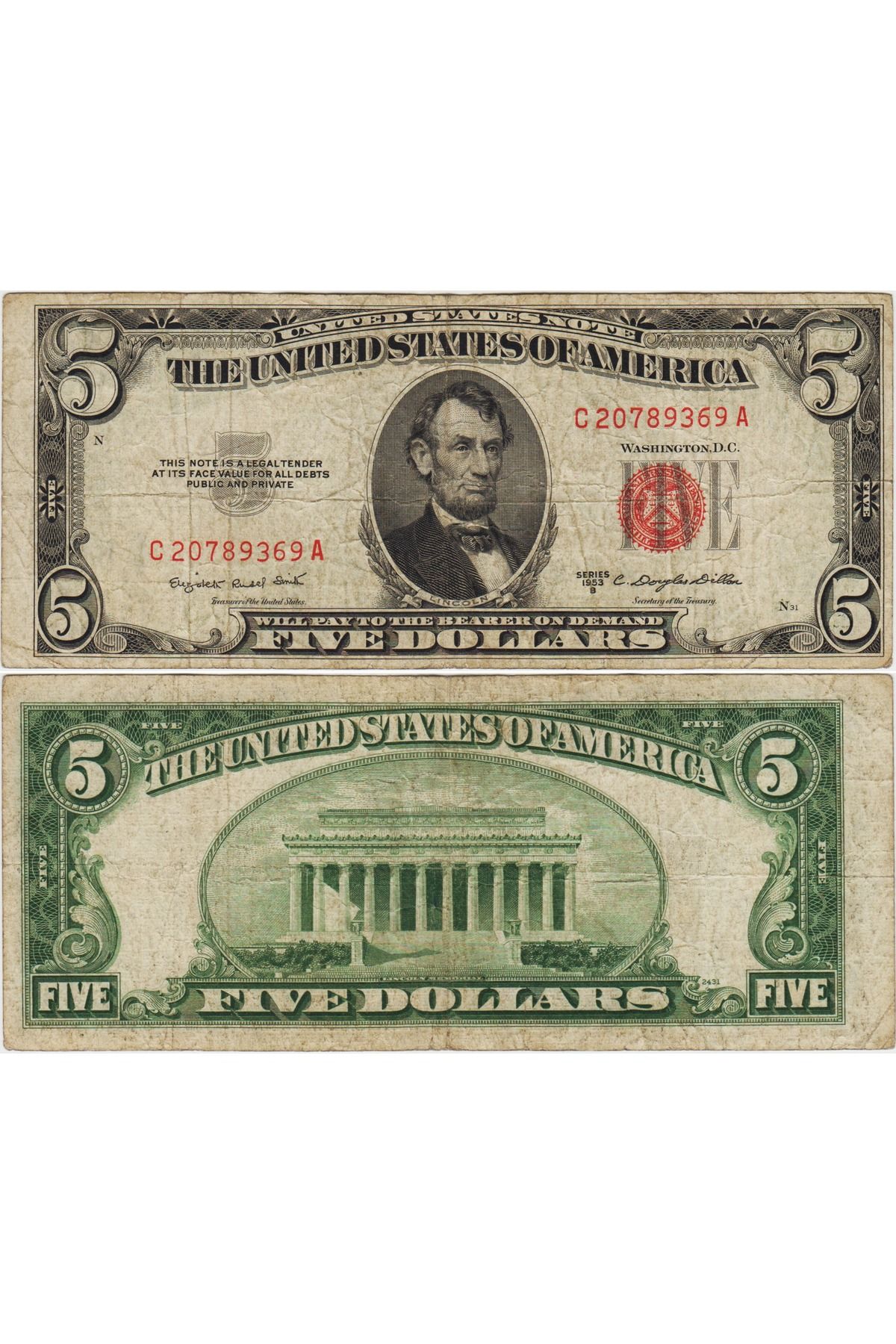 Banknoting AMERİKA BİRLEŞİK DEVLETLERİ 5 DOLAR 1953 C KIRMIZI MÜHÜR. TEMİZ+ KONDİSYON.
