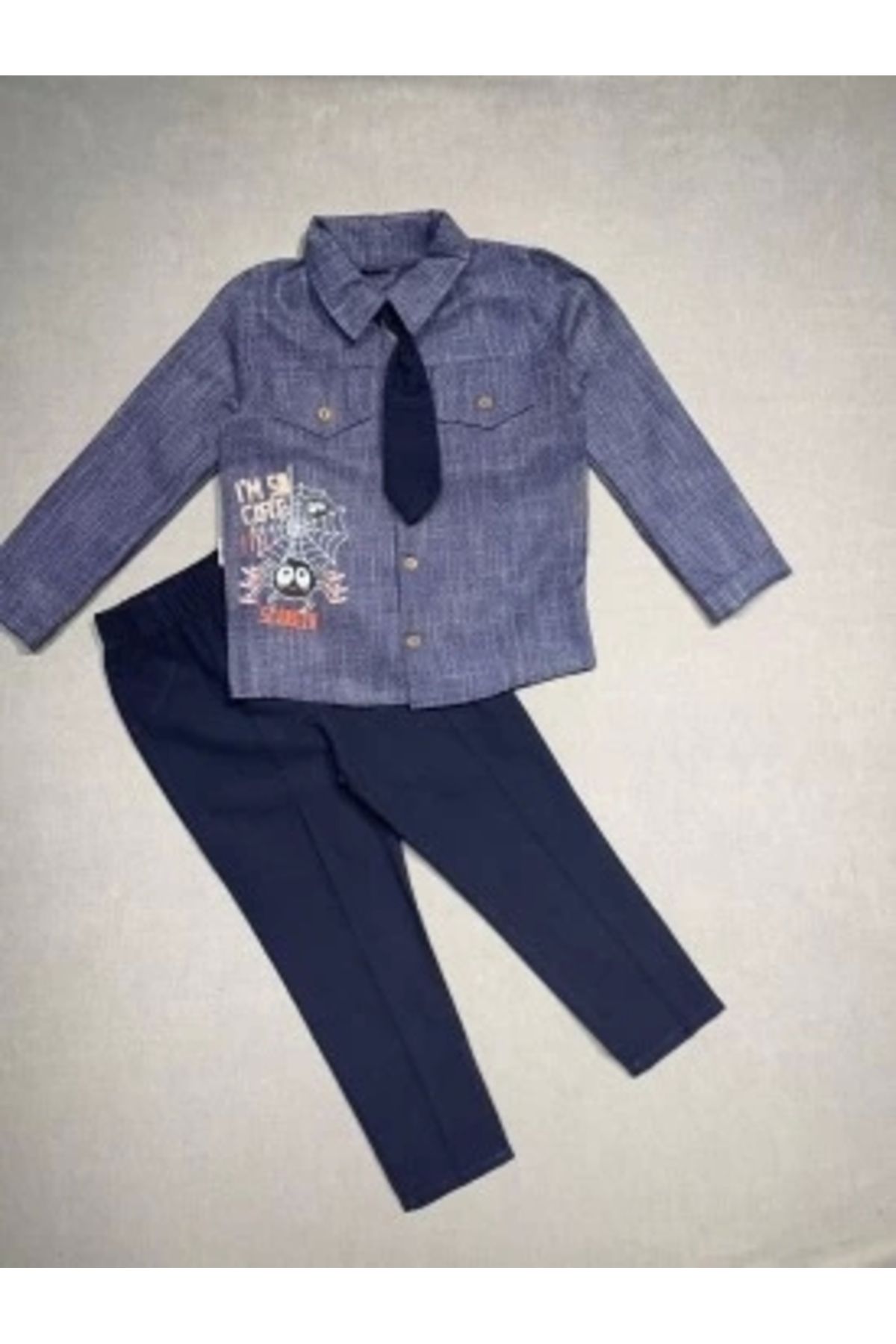 Diji Baby 3-4-5 Yaş Kravatlı Keten Gömlek Gabardin Pantolon Uzun Kollu 3lü Erkek Çocuk Takımı
