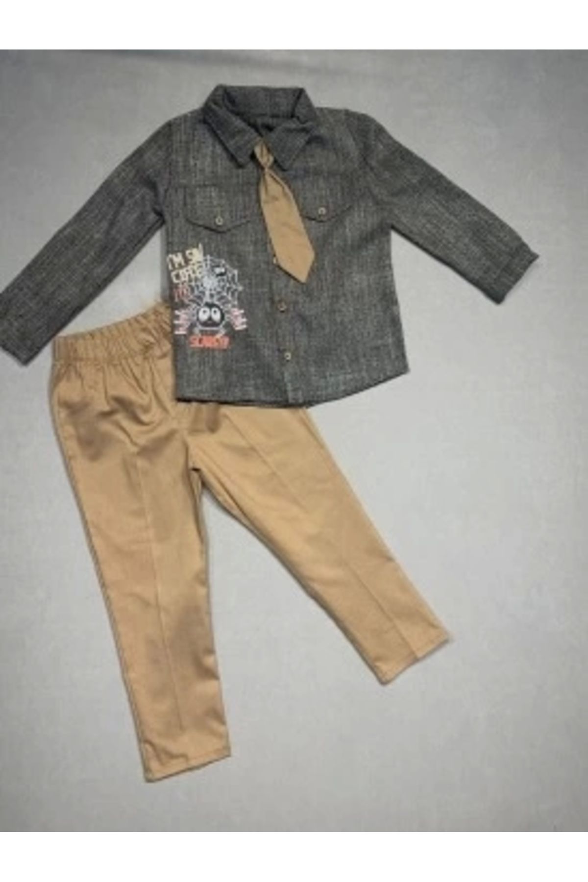 Diji Baby 3-4-5 Yaş Kravatlı Keten Gömlek Gabardin Pantolon Uzun Kollu 3lü Erkek Çocuk Takımı