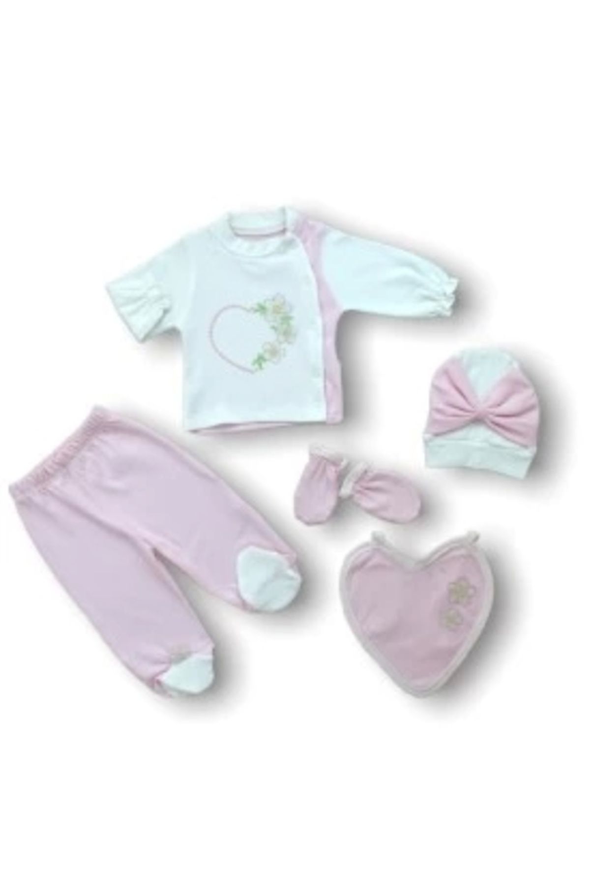 Diji Baby Baharın Çiçekli Kalbi Nakışlı %100 Cotton Antibakteriyel 5li Zıbın Takımı Hastane Çıkışı