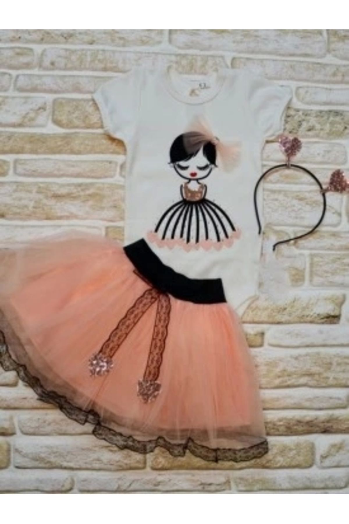 Diji Baby 9-12-18 Ay Kalp Kız Nakışlı Taçlı Kısa Kollu Tütü Etek 3lü Kız Bebek Takımı