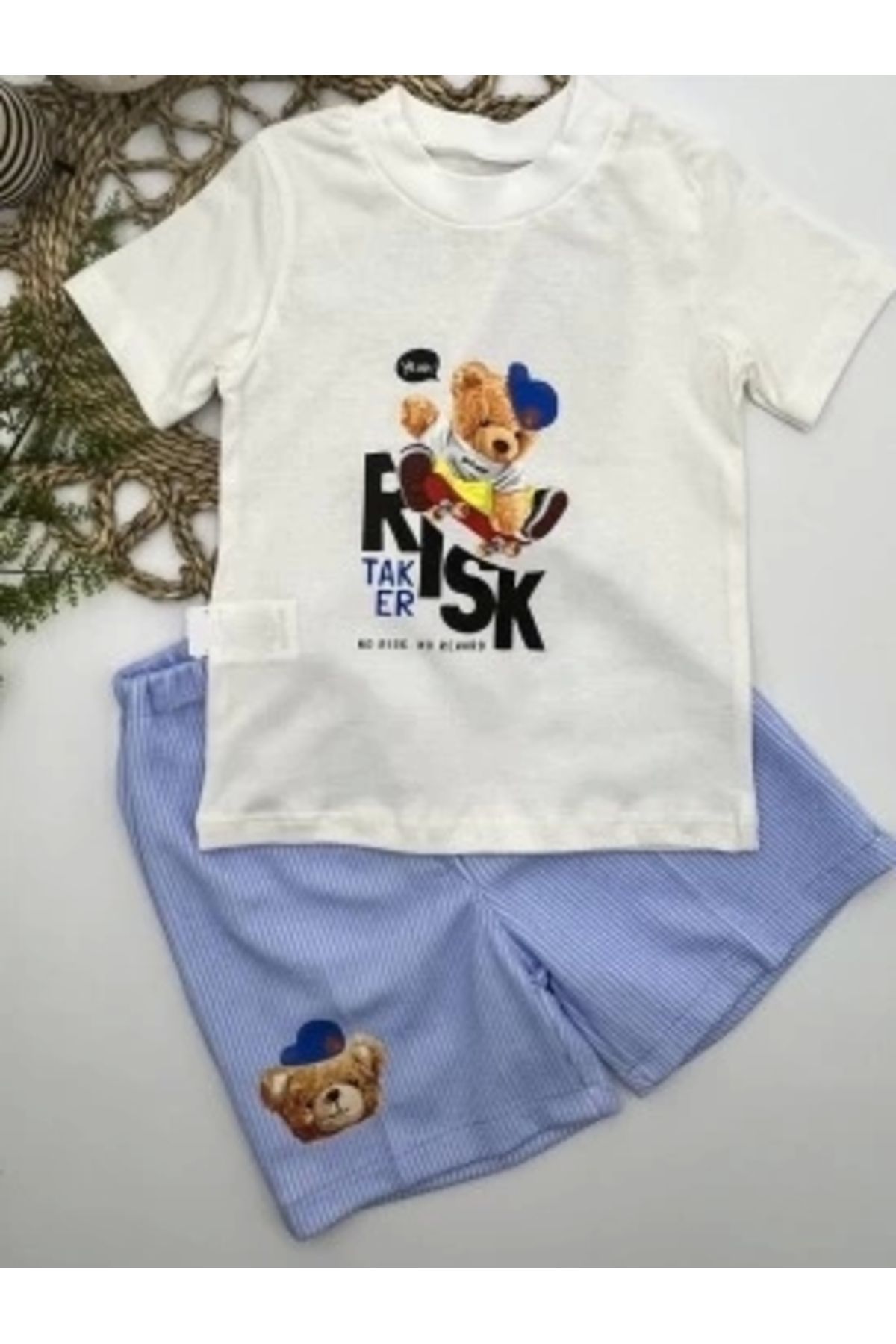 Diji Baby 1-2-3 Yaş Kaykaycı Ayı Baskılı Şortlu Kısa Kollu Tişört 2li Erkek Bebek Takımı