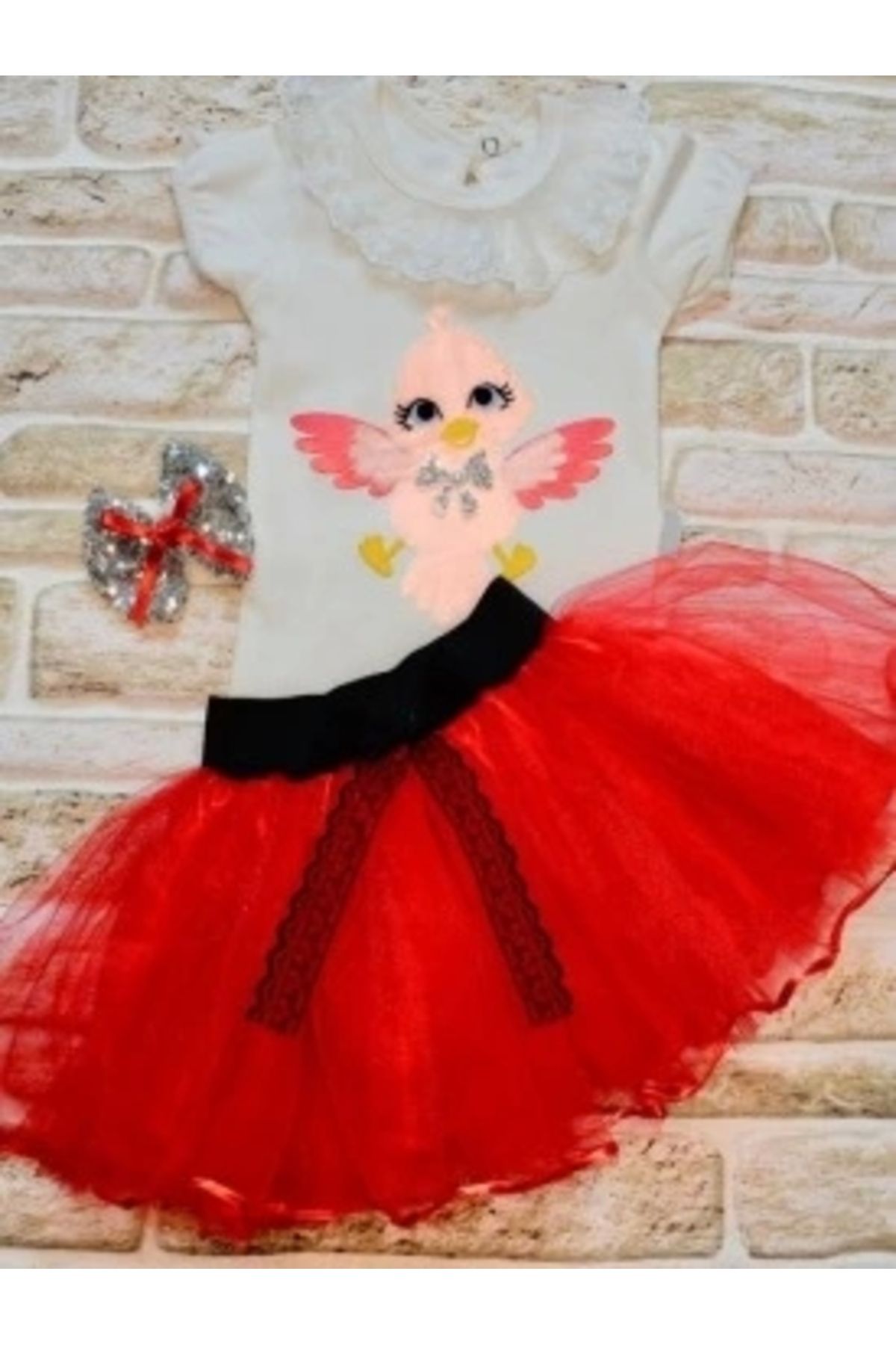 Diji Baby 9-12-18 Ay Toka Hediyeli Kuş Desenli Tişört Tütü Etek 2li Kız Bebek Takımı