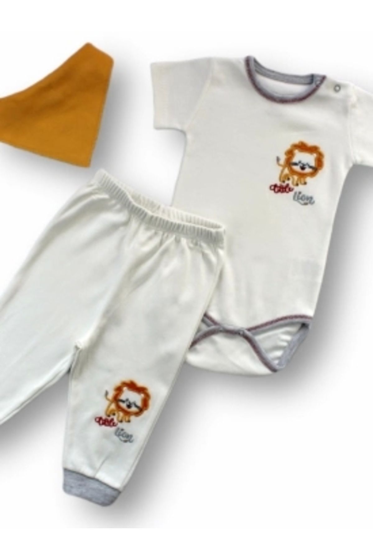 Diji Baby 3-6 6-9 9-12 Ay Yavru Aslan Nakışlı Bandajlı Kısa Kollu Zıbınlı 3lü Erkek Bebek Takımı