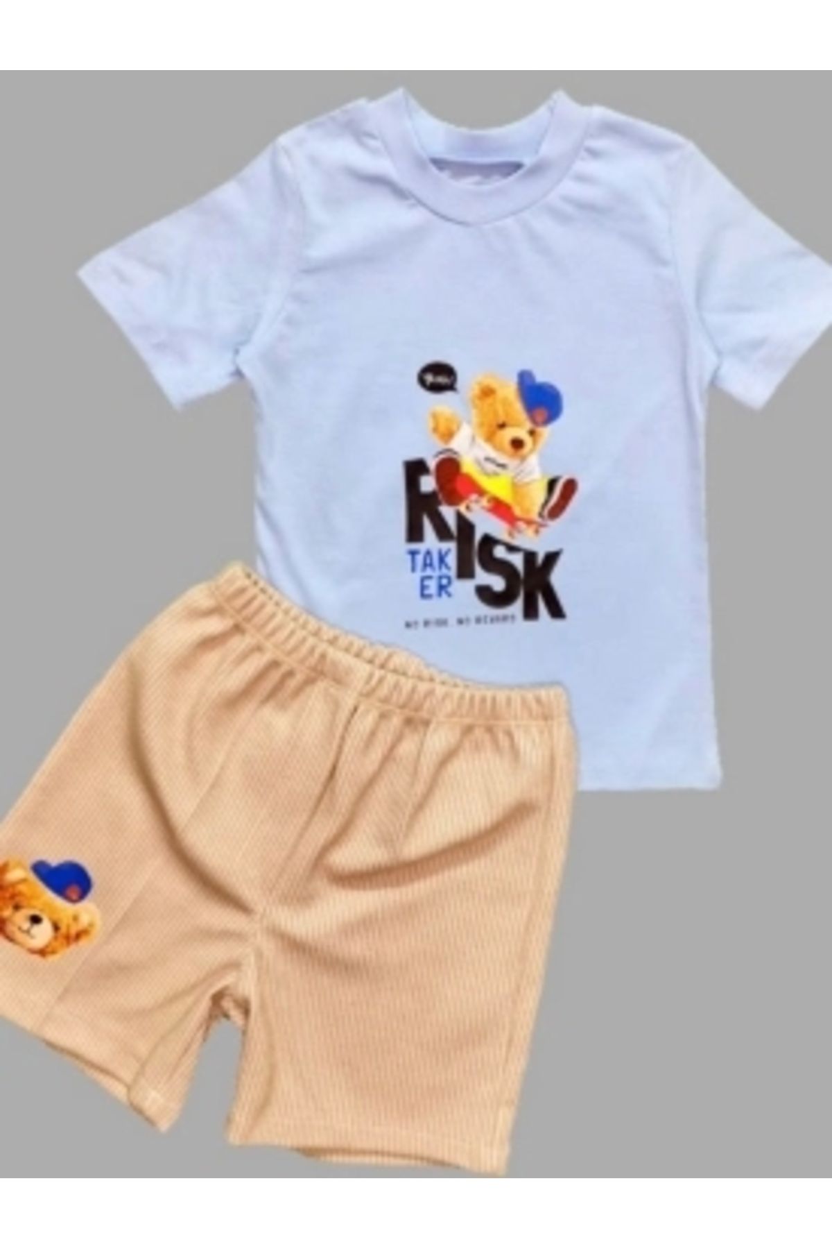Diji Baby 1-2-3 Yaş Kaykaycı Ayı Baskılı Şortlu Kısa Kollu Tişört 2li Erkek Bebek Takımı