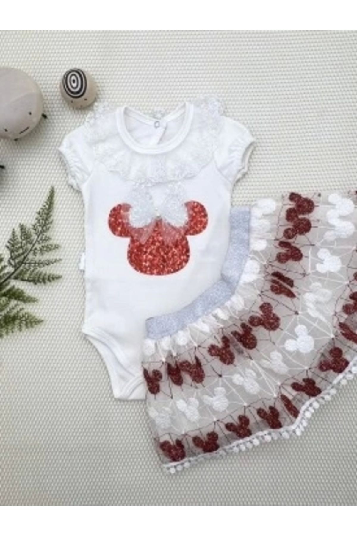 Diji Baby 1-2-3 Yaş Payetli Mickey Nakışlı Kısa Kollu Brode Etekli 2li Kız Bebek Takımı