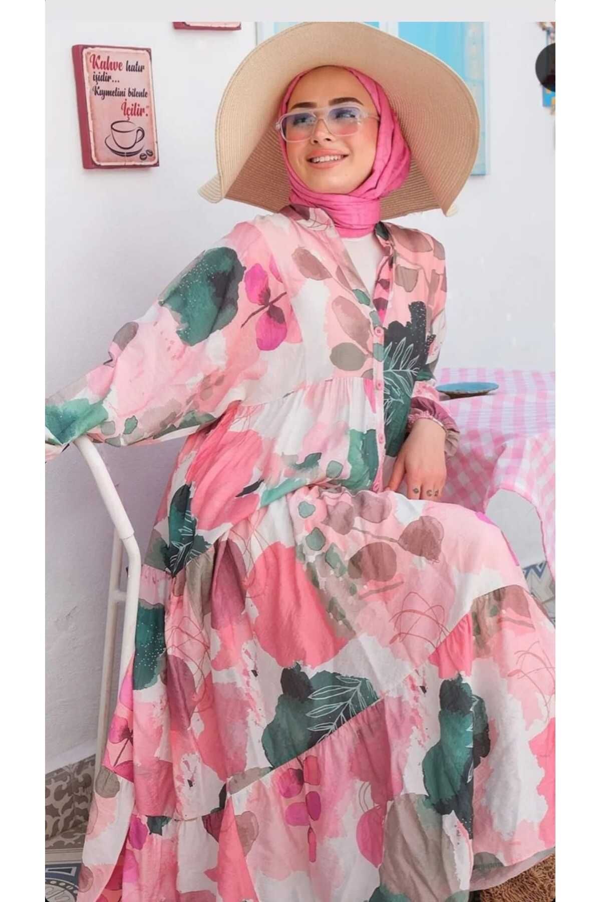QUAWEAR V Yaka Kolu Lastikli Mango Kumaş Yazlık Tam Boy Elbise
