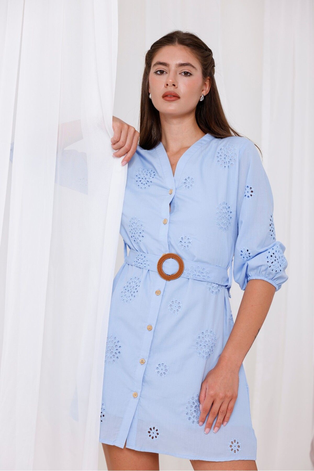 Pulli Collection Fistolu Kemerli Mini Gömlek Elbise