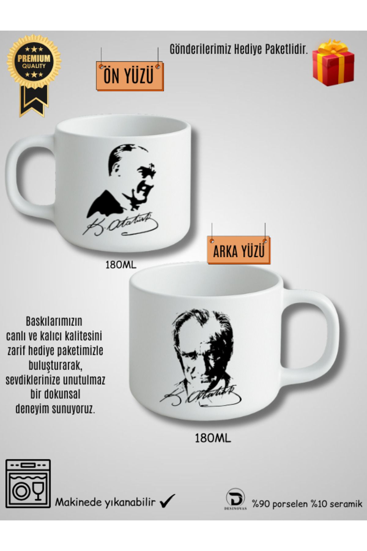 Desinovas Atatürk Silüeti ve İmzalı Lüks Kupa Fincan - Özel Hediye Kutusu