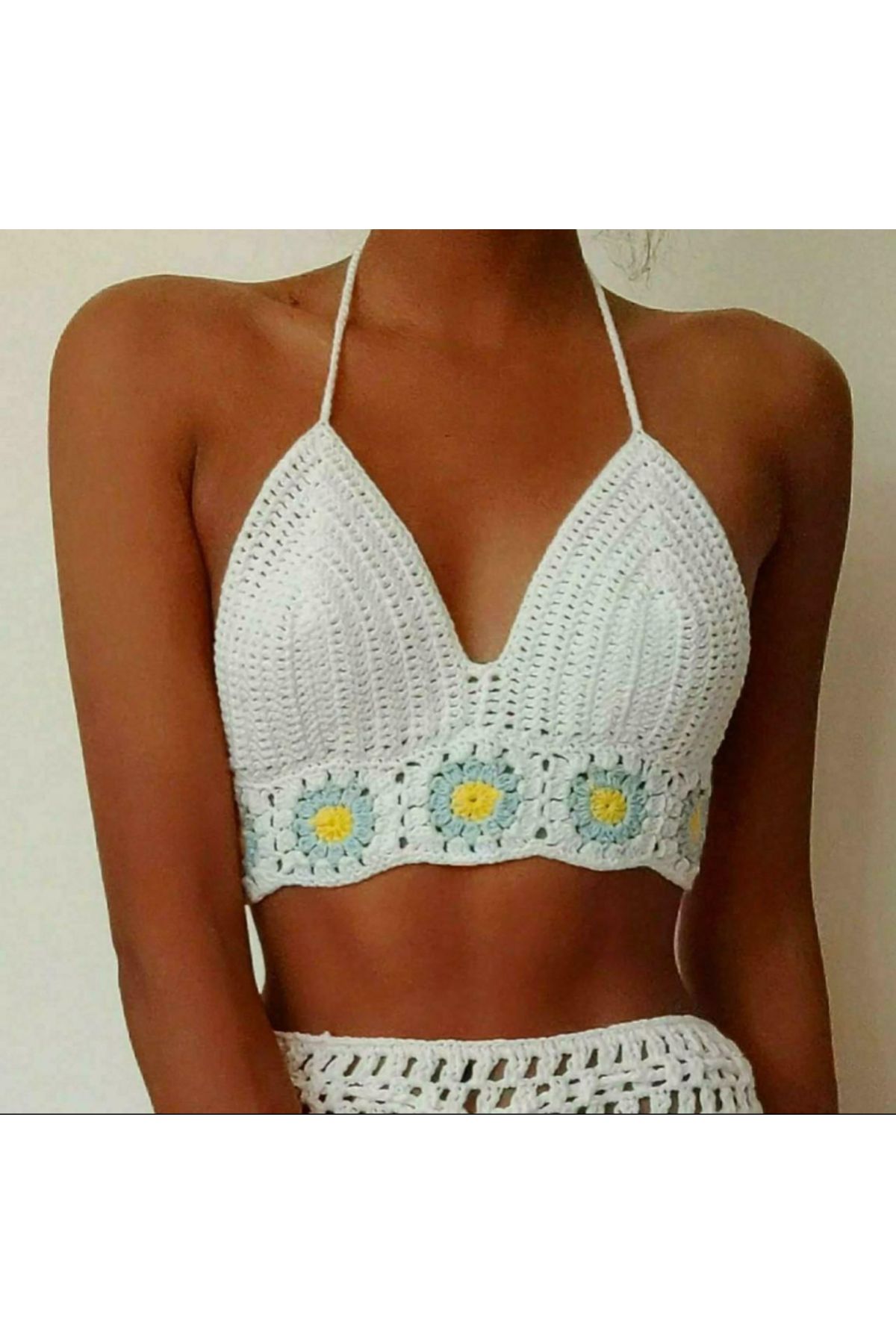 Celoire Örgü beyaz etnik büstiyer crop top