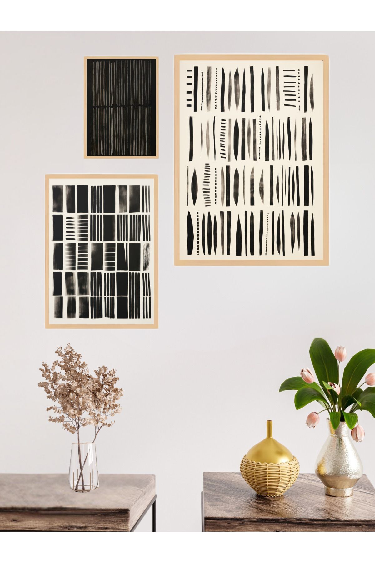 woodhomeworks 3'lü Set Doğal Ahşap çerçeveli tablo seti