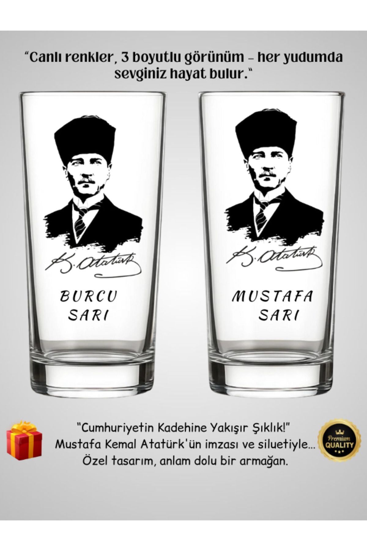 Desinovas Atatürk Silüeti ve İmzalı İkili Rakı Bardağı (Kişiye Özel Tasarlanabilir)