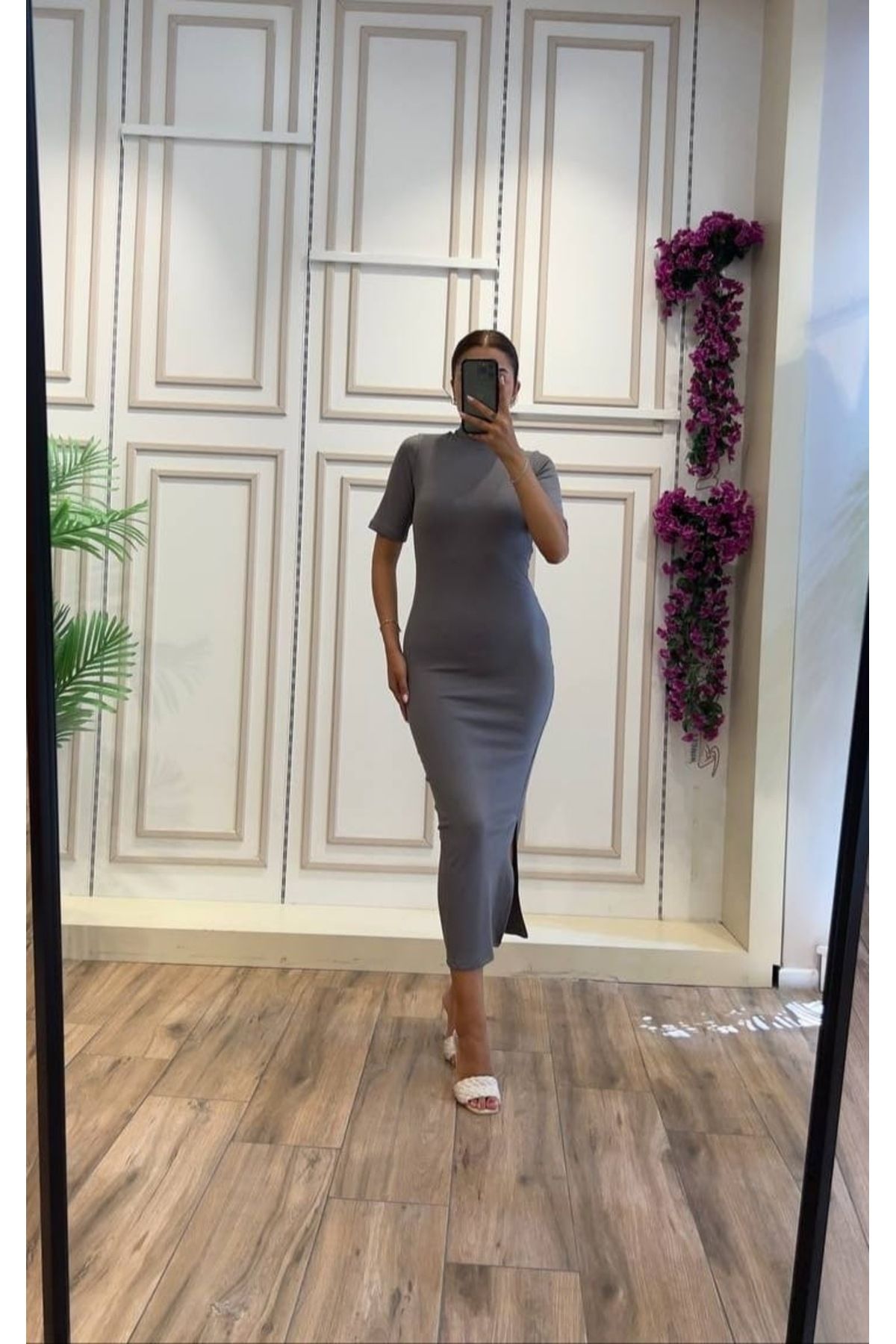 GoyceFashion Kısa Kollu Likralı Kaşkorse Yarım Yırtmaçlı Elbise