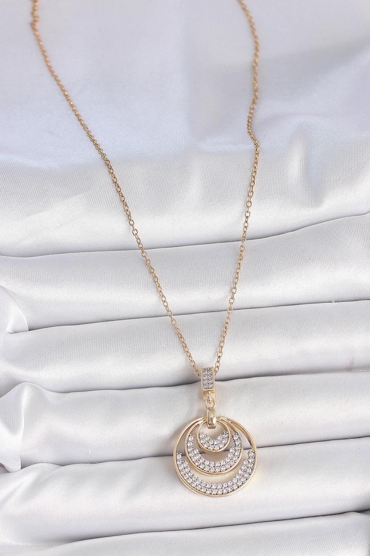 Ebijuteri 316L Çelik Gold Renk Zirkon Taşlı Madalyon Model Kadın Kolye