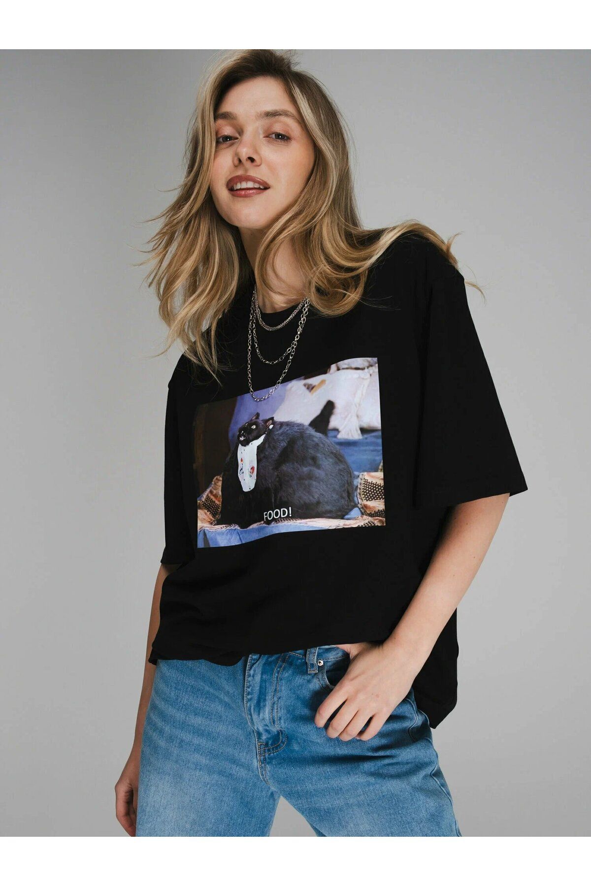 ELNOYA Unisex Pamuklu Siyah Oversize "Kedi Food" Baskılı Bisiklet Yaka Rahat T-shirt