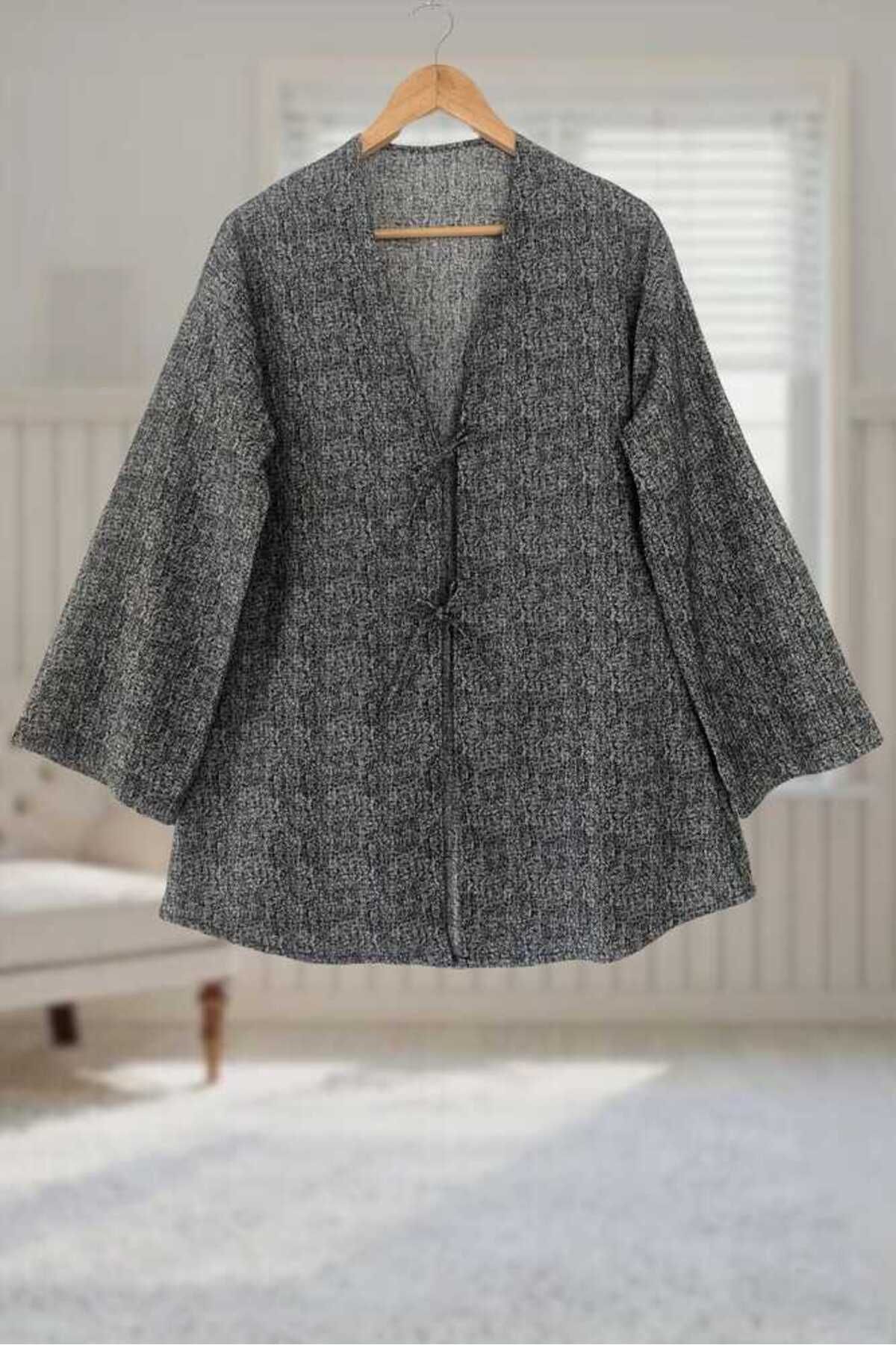 Aişe tesettür Antrasit Kırçıllı Önü Bağlamalı Kimono Tunik / Likralı Ütü İstemez Kumaş