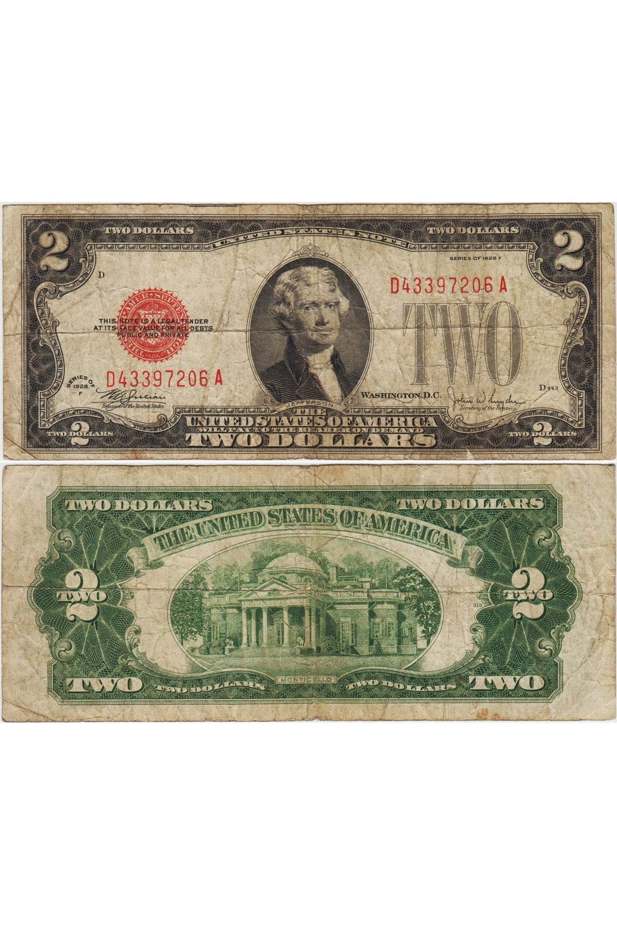 Banknoting AMERİKA BİRLEŞİK DEVLETLERİ 2 DOLAR 1928 D KIRMIZI MÜHÜR. TEMİZ KONDİSYON.
