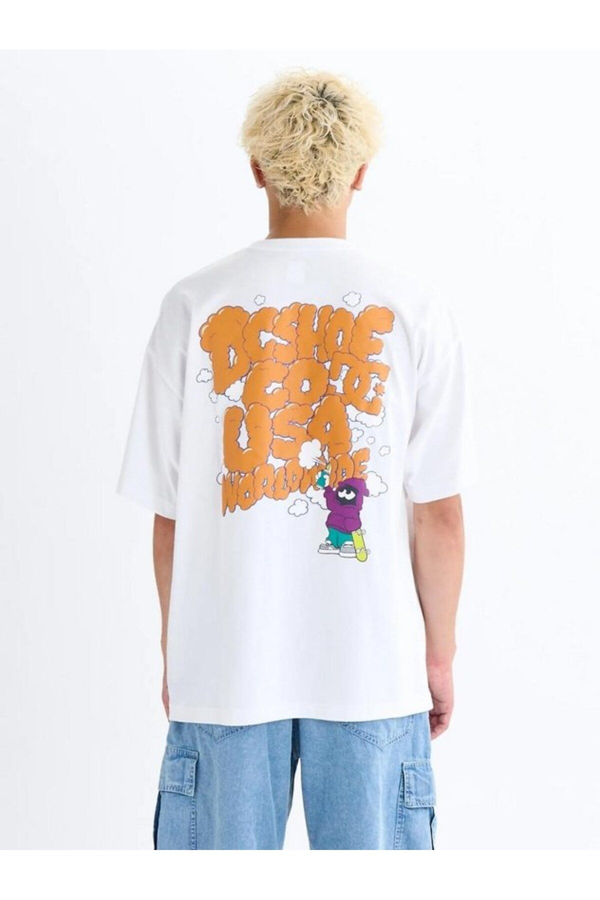 ELNOYA Unisex Pamuklu Beyaz Oversize "Digital" Baskılı Minimalist Bisiklet Yaka Rahat T-shirt