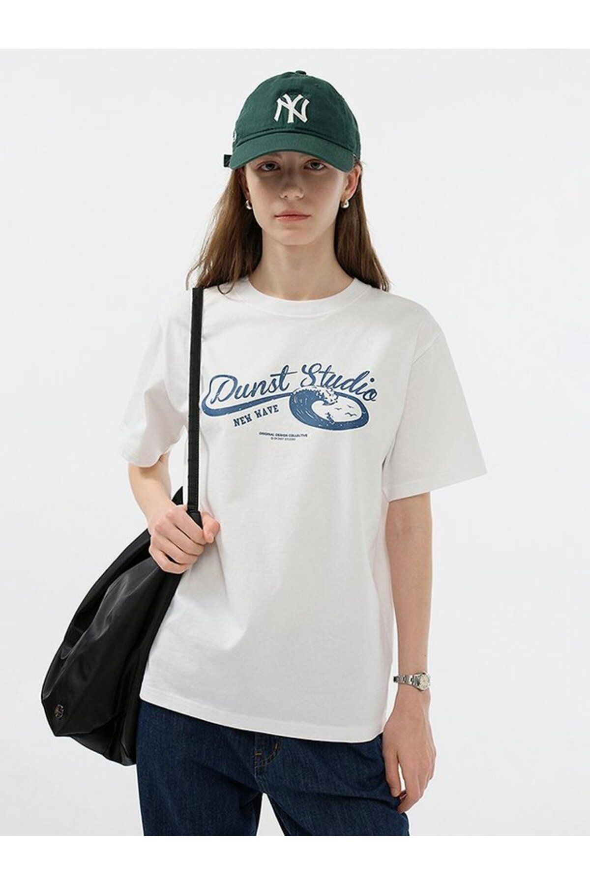 ELNOYA Unisex Pamuklu Oversize "New Wave" Baskılı Minimalist Bisiklet Yaka Rahat T-shirt
