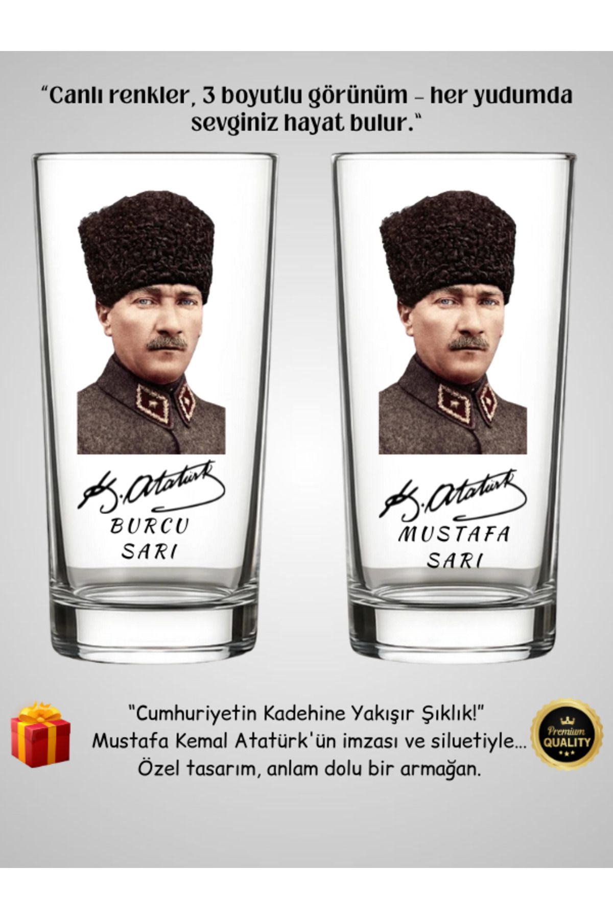 Desinovas Atatürk Portreli İsme Özel İkili Bardak (Kişiye Özel Tasarlanabilir)