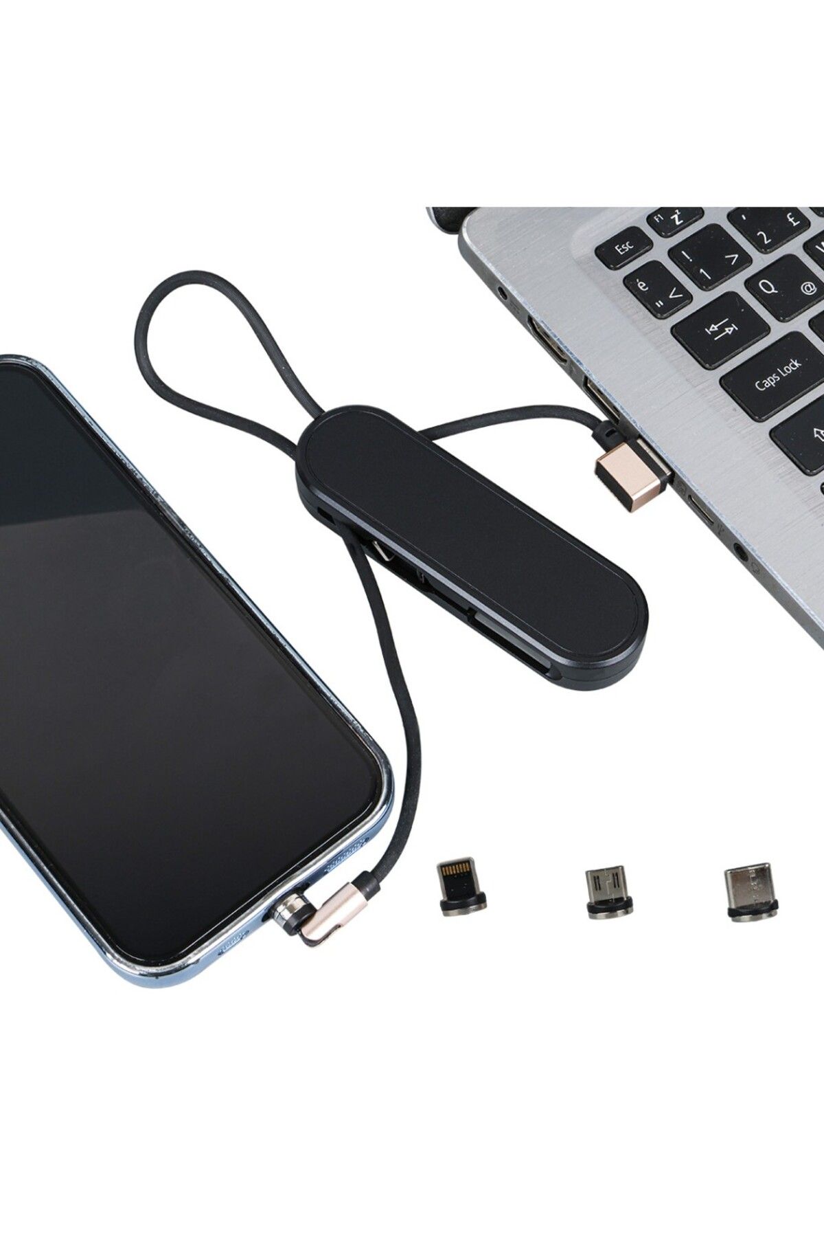 Aydoganticaret44 SİYAH 3İN1 (TYPE C- LİGHTNİNG- MİCRO USB) MANYETİK UÇ TAŞINABİLİR ŞARJ KABLOSU