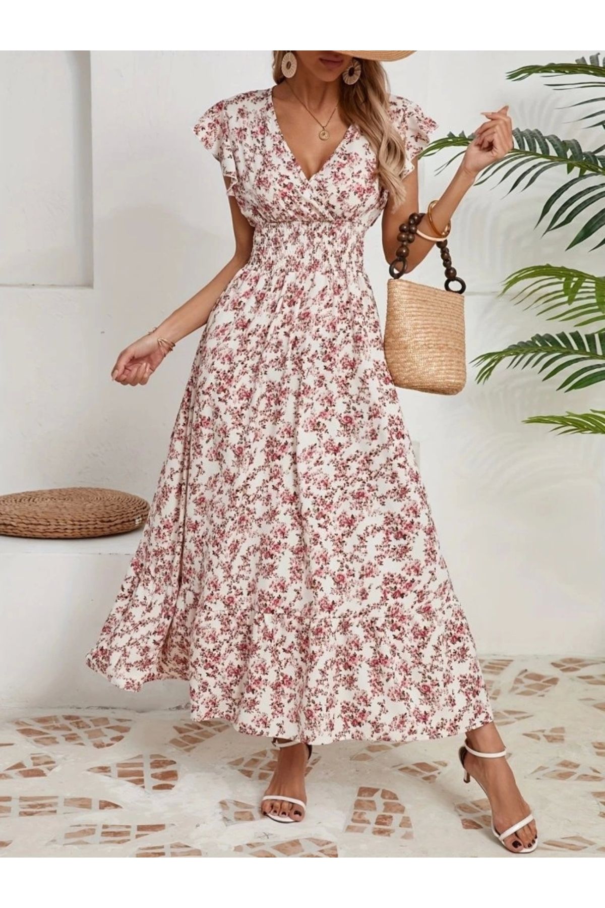 Butik Kadın Kısa Kollu Kruvaze Yaka Beli Lastikli çiçek Desenli Elbise