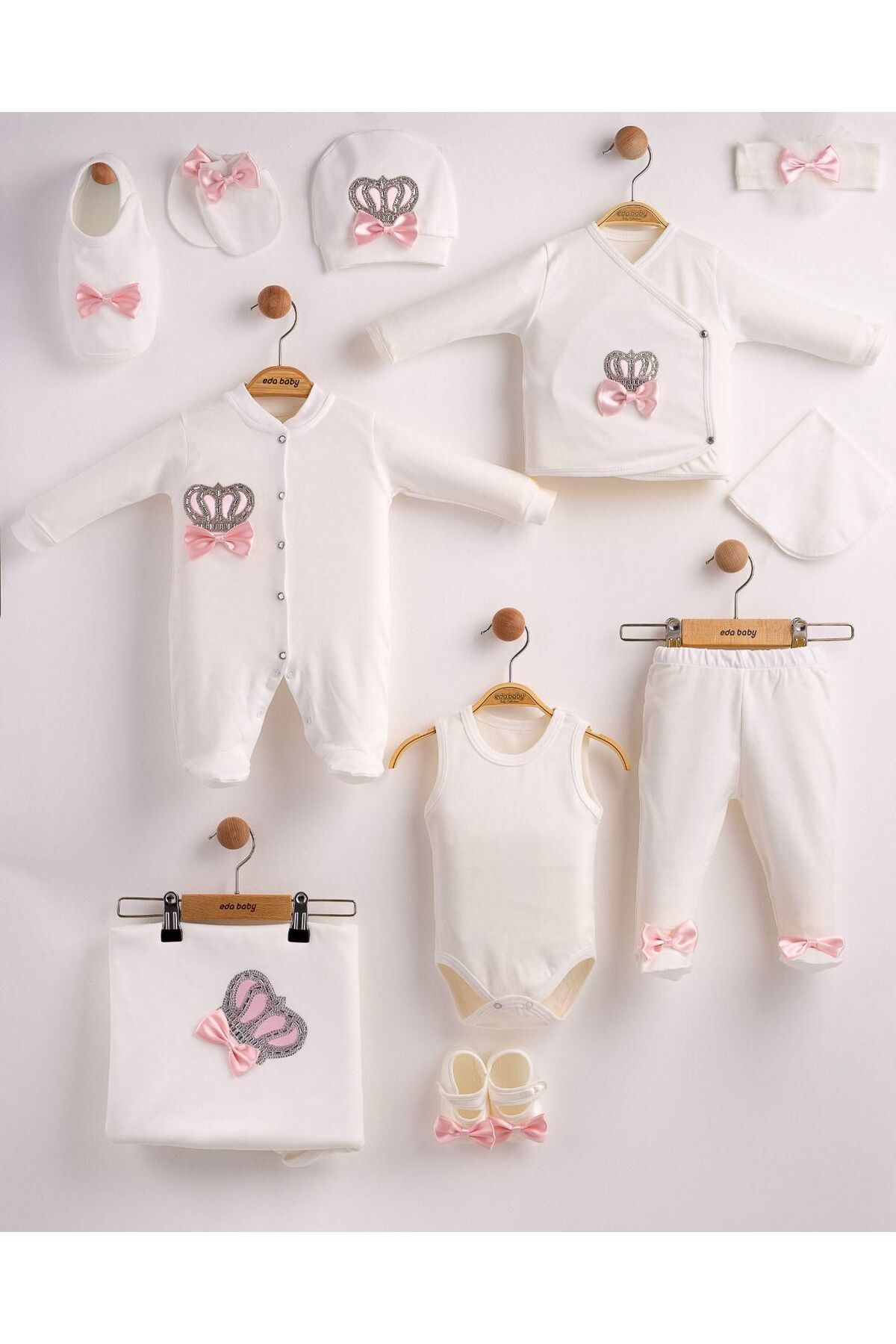 yuga kids Taçlı Pembe Popyonlu Beyaz 11'li Hastane Çıkışı