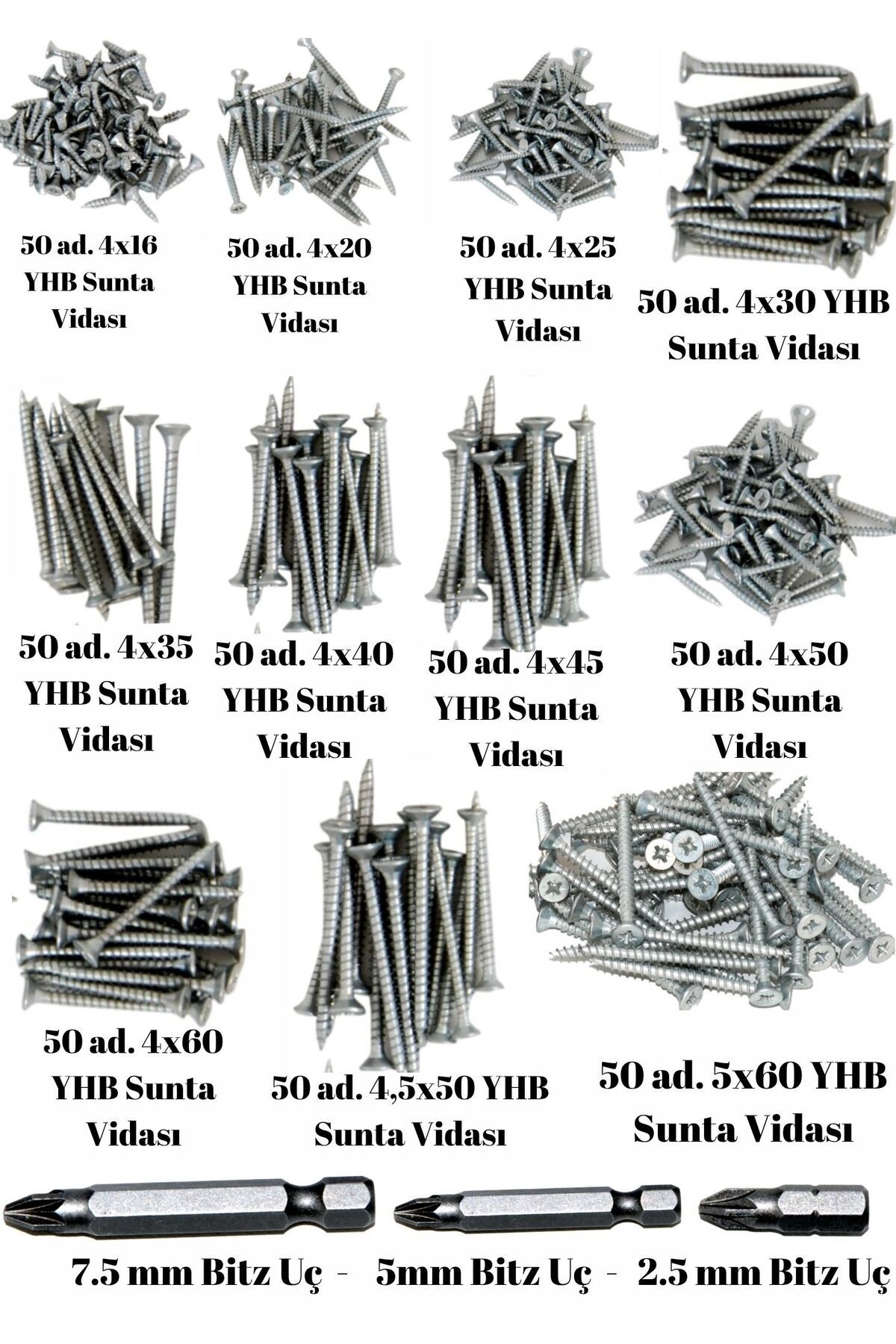 Netzerkoz 14 çeşit 553 Adet YHB Sunta Vidası ve Bits Matkap Ucu Seti(2.5mm, 5mm, 7.5mm)