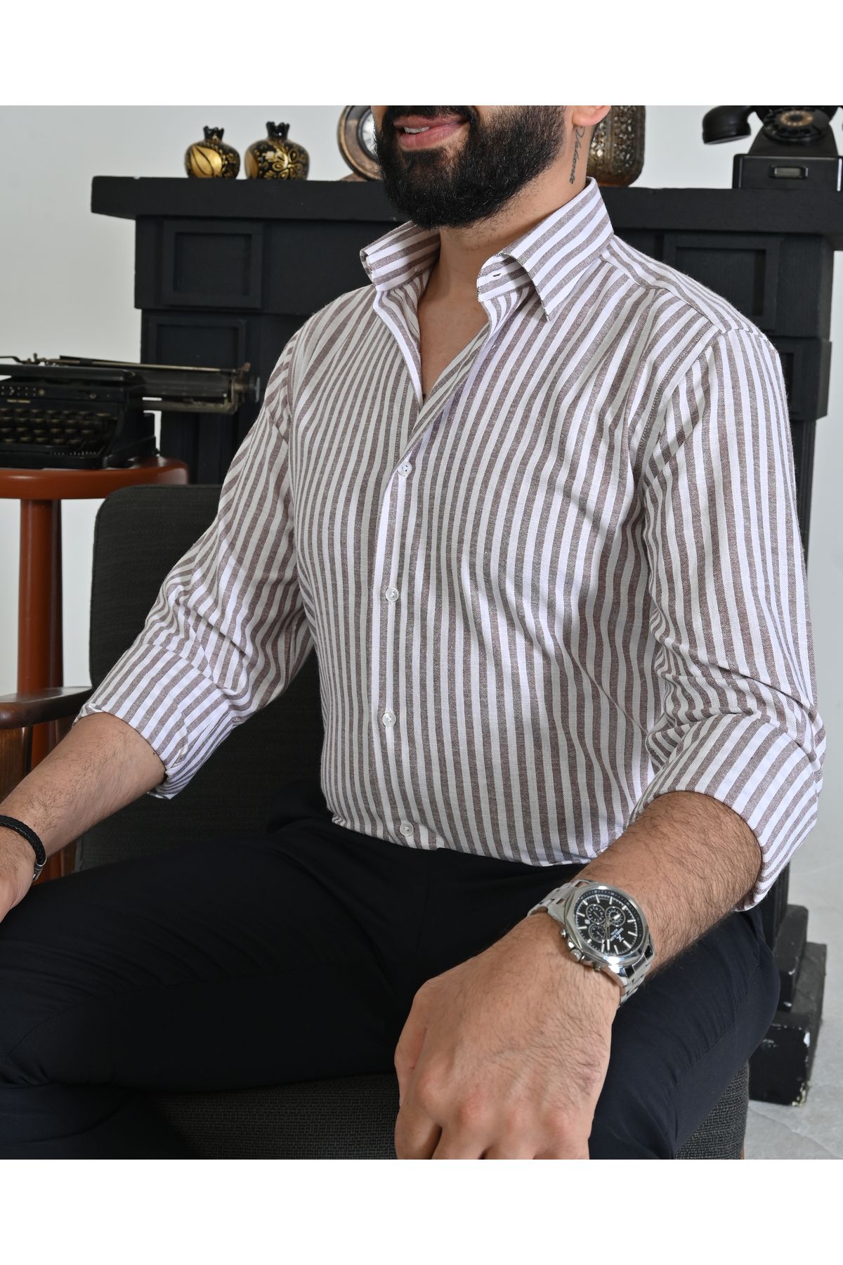 Picuardo 100% Flam Pamuk Keten Spor Altan Yaka Düğmelı Slımfıt Gömlek
