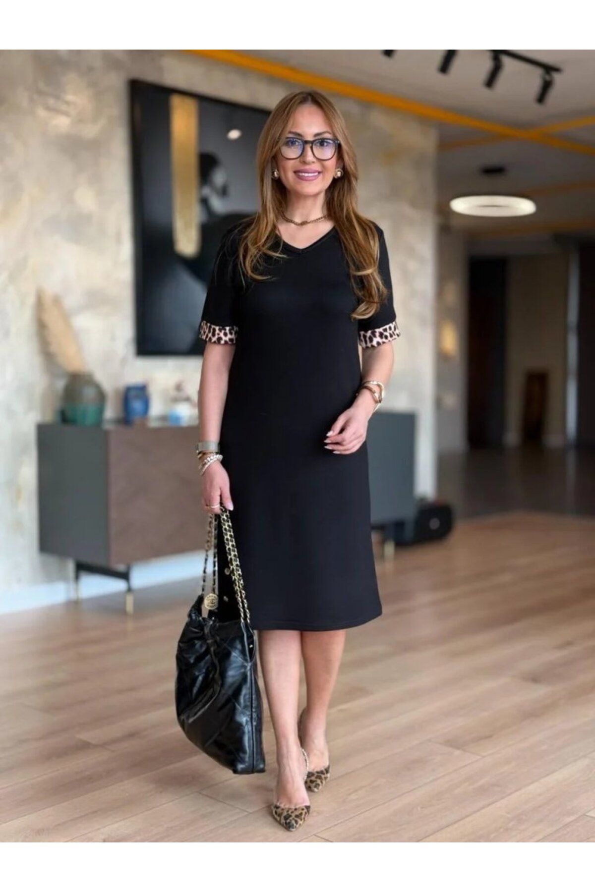 velmorafashion Kadın Kısa Kollu V Yakalı Midi Viskon Iki Iplik Elbise