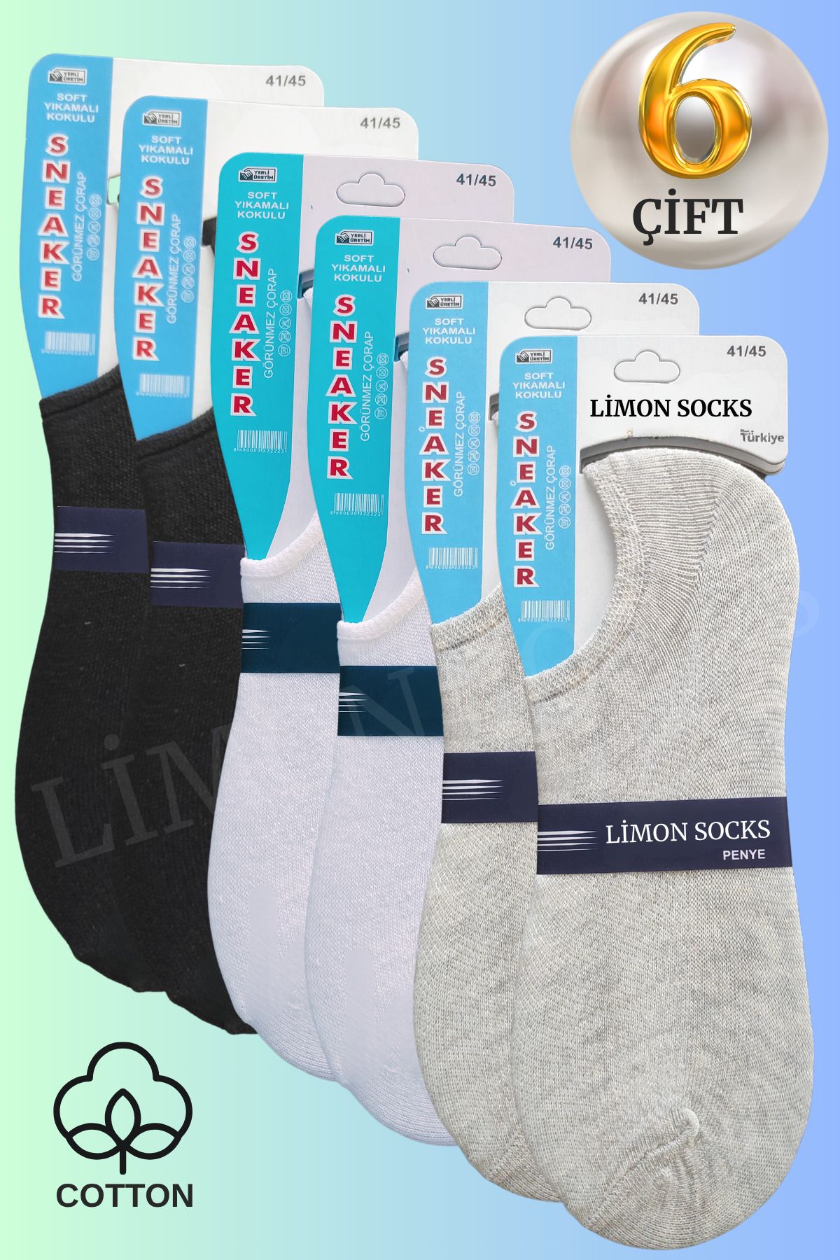 Limon Socks Kadın - Erkek Kısa Çorap (6 ÇİFT) Görünmez Bilek Boy Patik Çorap Seti