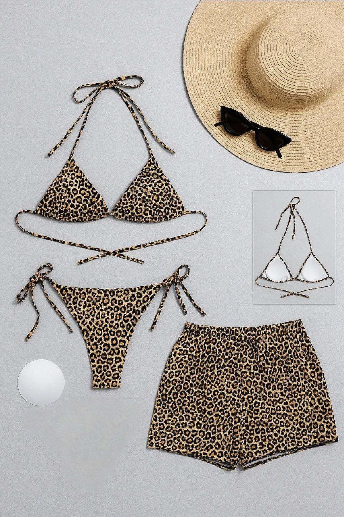 Ethab Ticaret Kadın 3'lü Set Leopar Desenli Şortlu ve Yandan Bağlamalı Bikini Mayo Takımı
