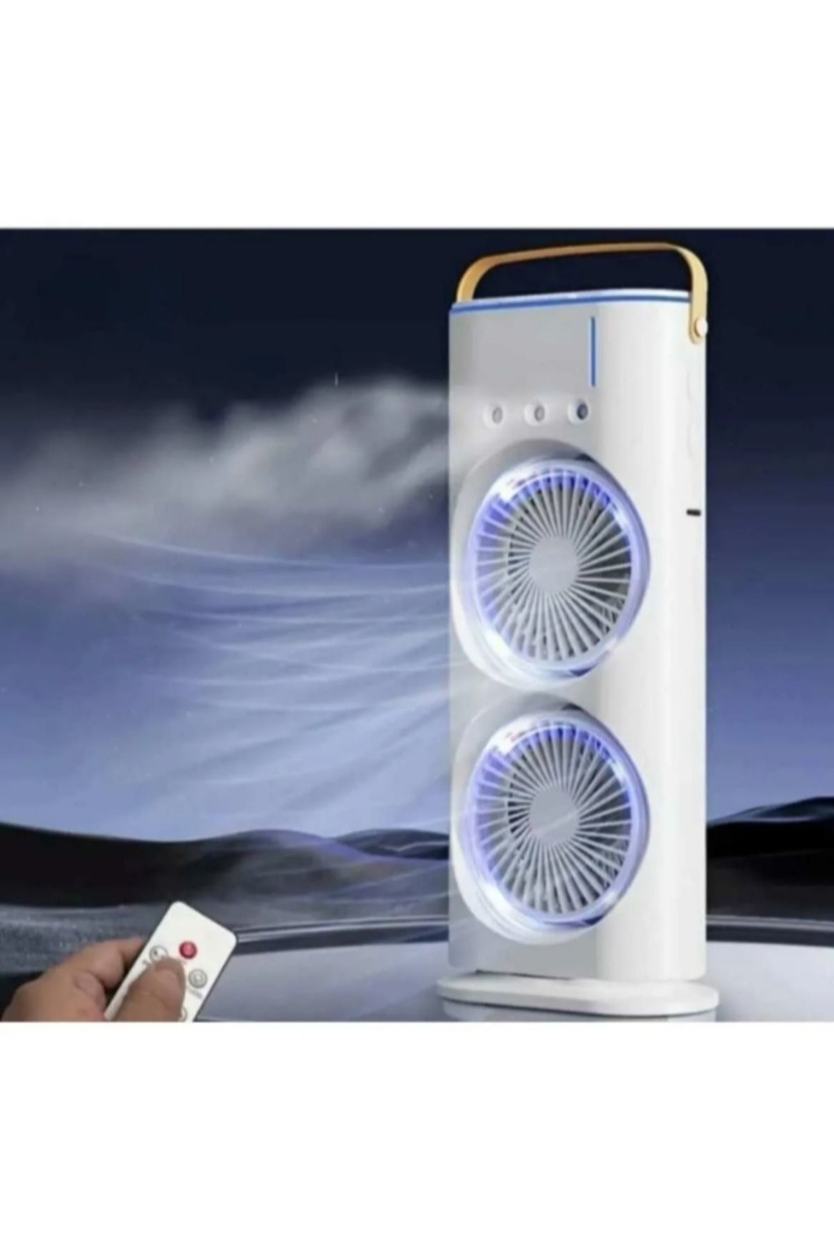 armex Çift Pervaneli Işıklı Buzlu Serin Fan Kumandalı Bataryalı Kablosuz Şarjlı Powerbankile çalışıyor .