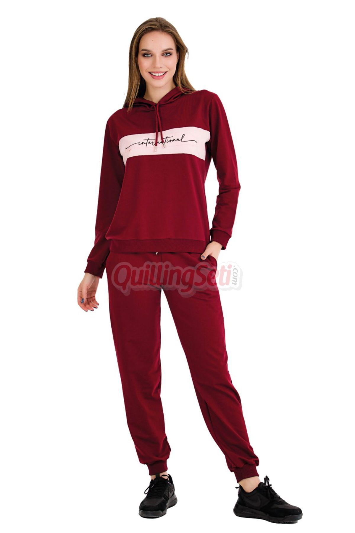 quilling Uzun Kol 22067 Kapüşonlu ve Kanguru Cepli Bordo Renk Kadın Spor Eşofman Takımı