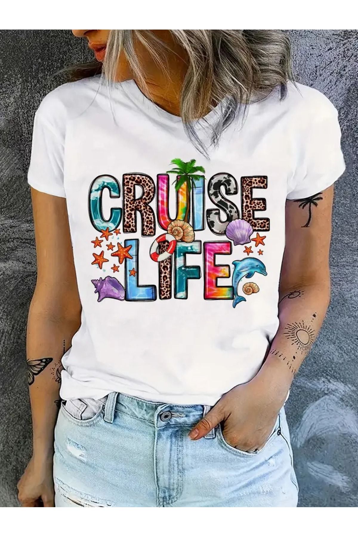CLAYES Cruise Life Baskılı Beyaz Pamuklu T-Shirt - Oversize Bisiklet Yaka Tişört
