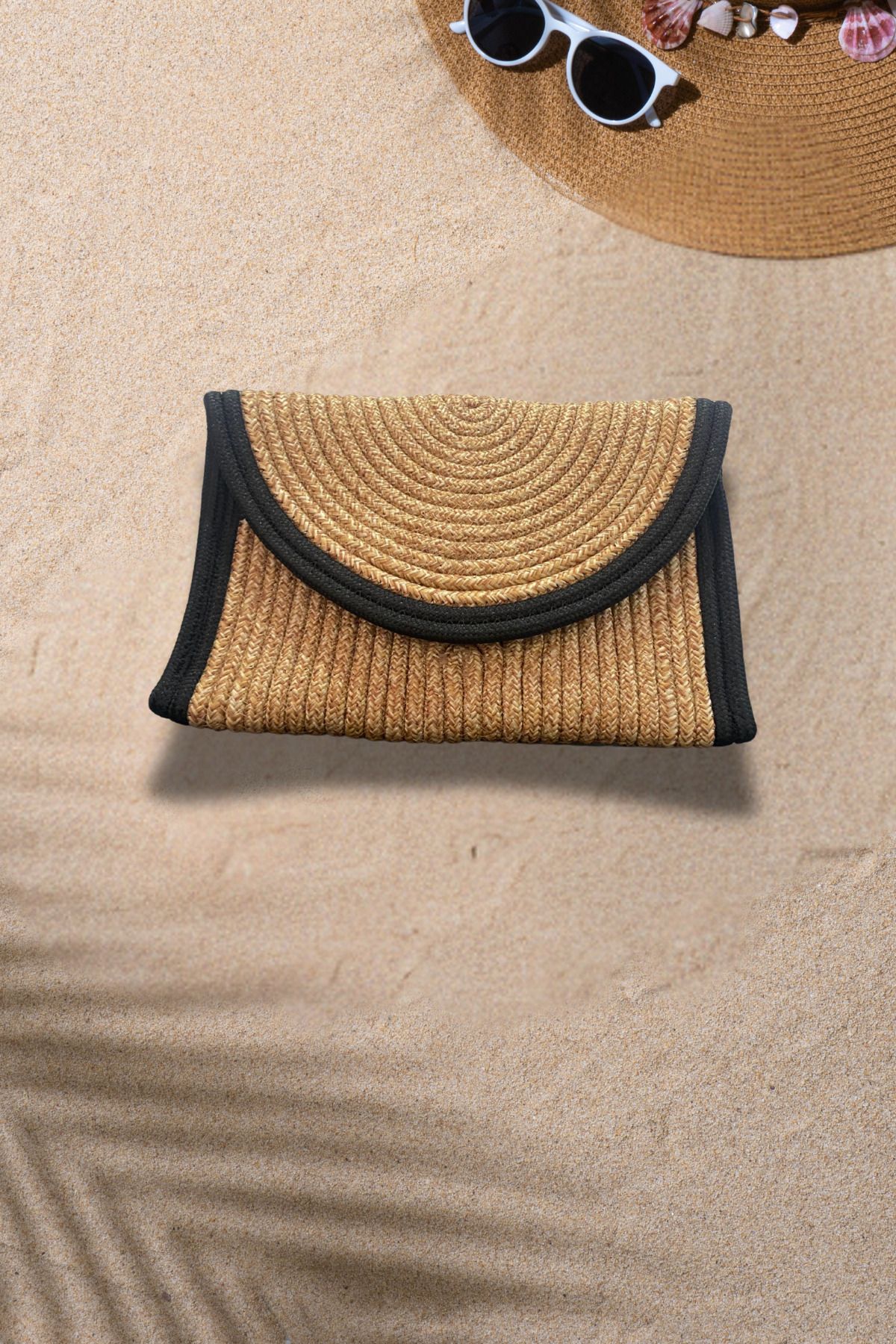 SOFT Siyah Kenarlı Hasır Görünümlü Clutch Çanta – El Geçmeli, Yazlık Model