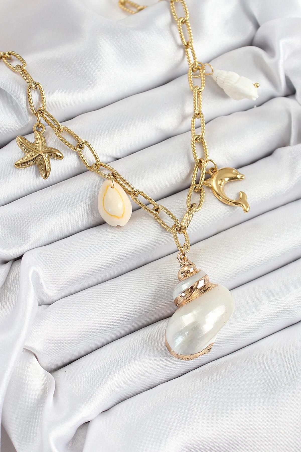 REBORN DESIGN 316L Çelik Gold Renk Deniz Kabuğu ve Yıldızı Konseptli Kadın Kolye