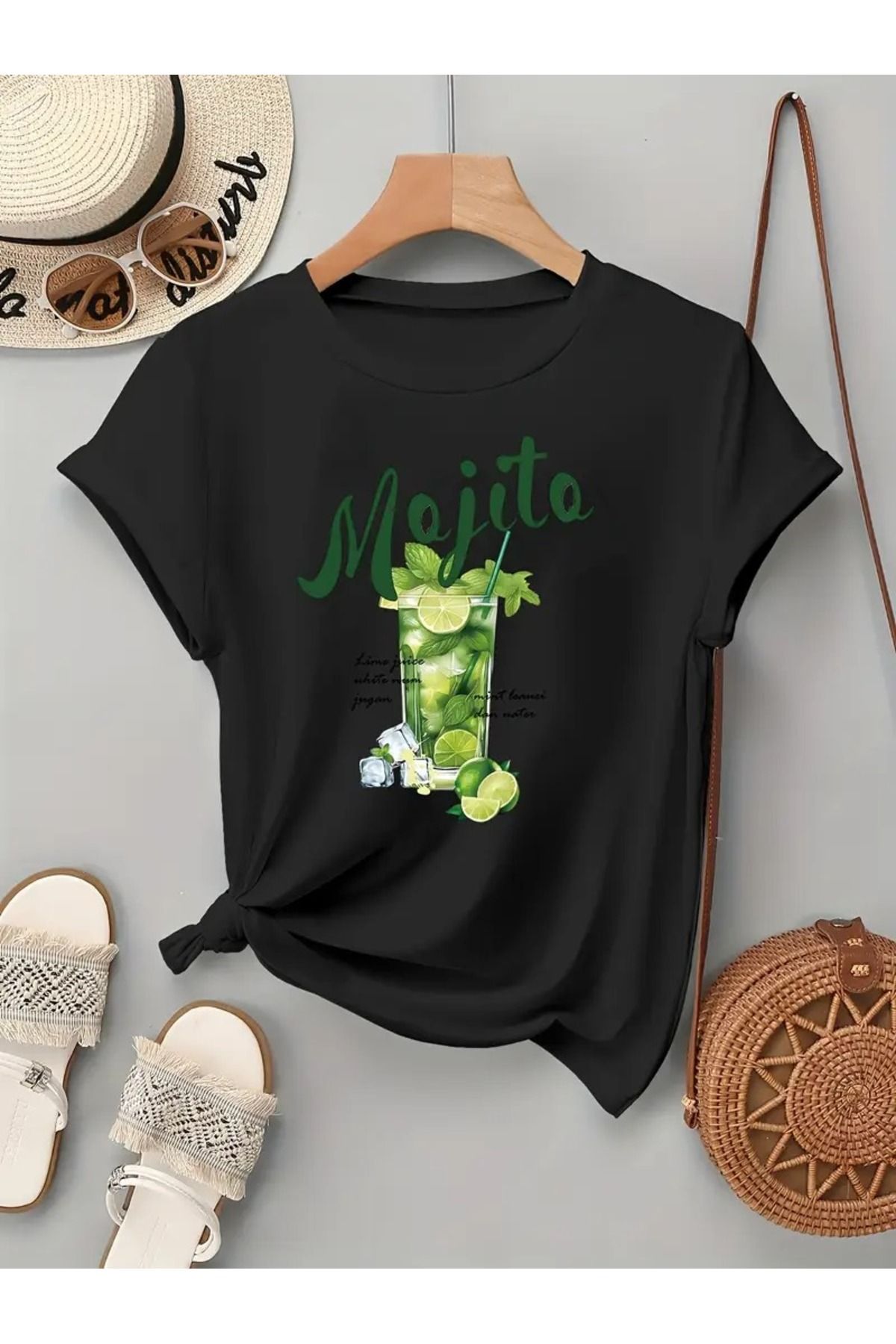 Sweetline Mojito Baskılı Siyah Pamuklu T-Shirt - Oversize Bisiklet Yaka Tişört