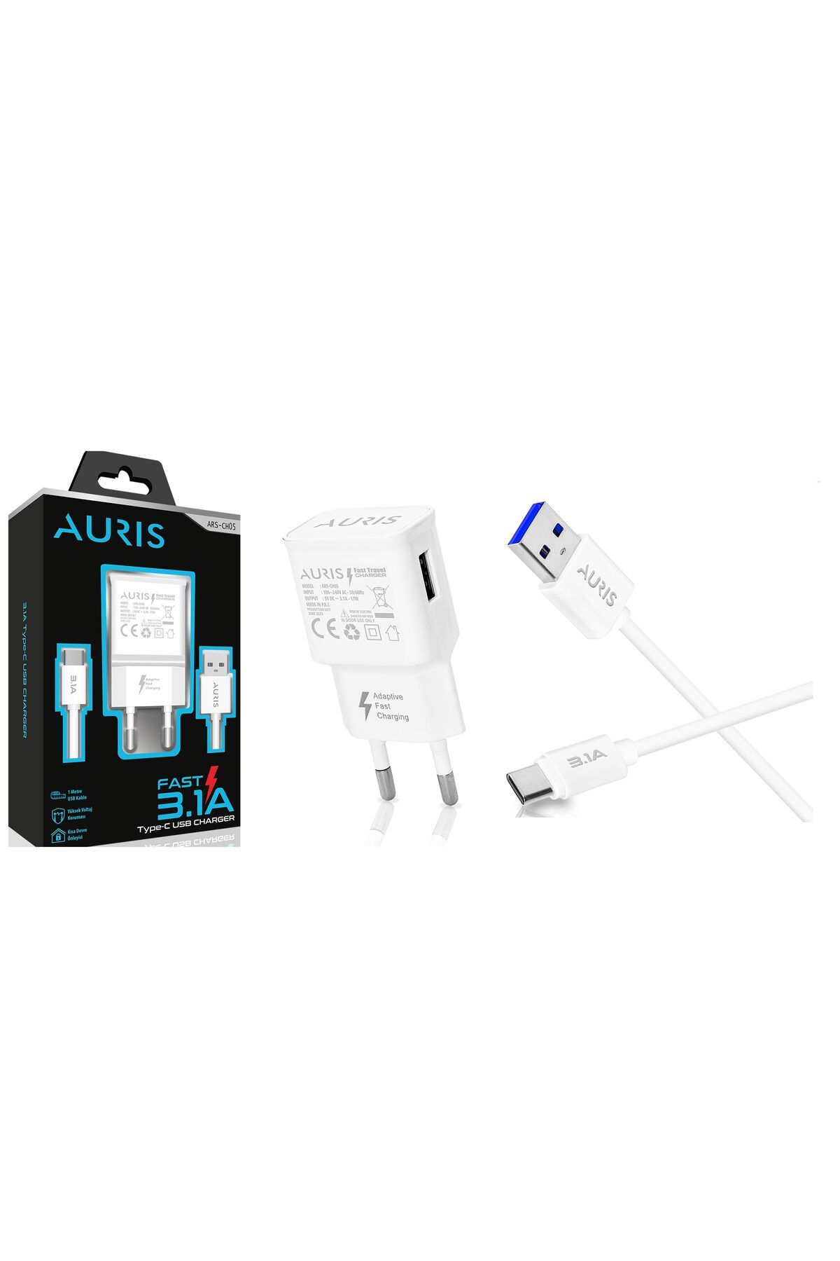 Auris Ars-CH05 15W 3.1A 1 Metre Usb TYPE C Şarj Ve Data Kablosu Şarj Aleti Set